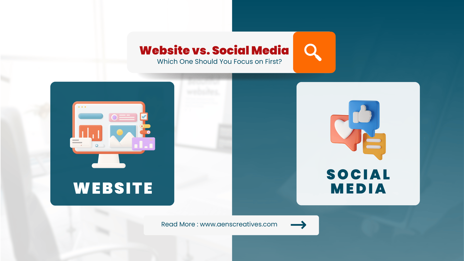 Image comparing "Website" and "Social Media" with icons, asking which to prioritize first, featuring a search prompt and webs