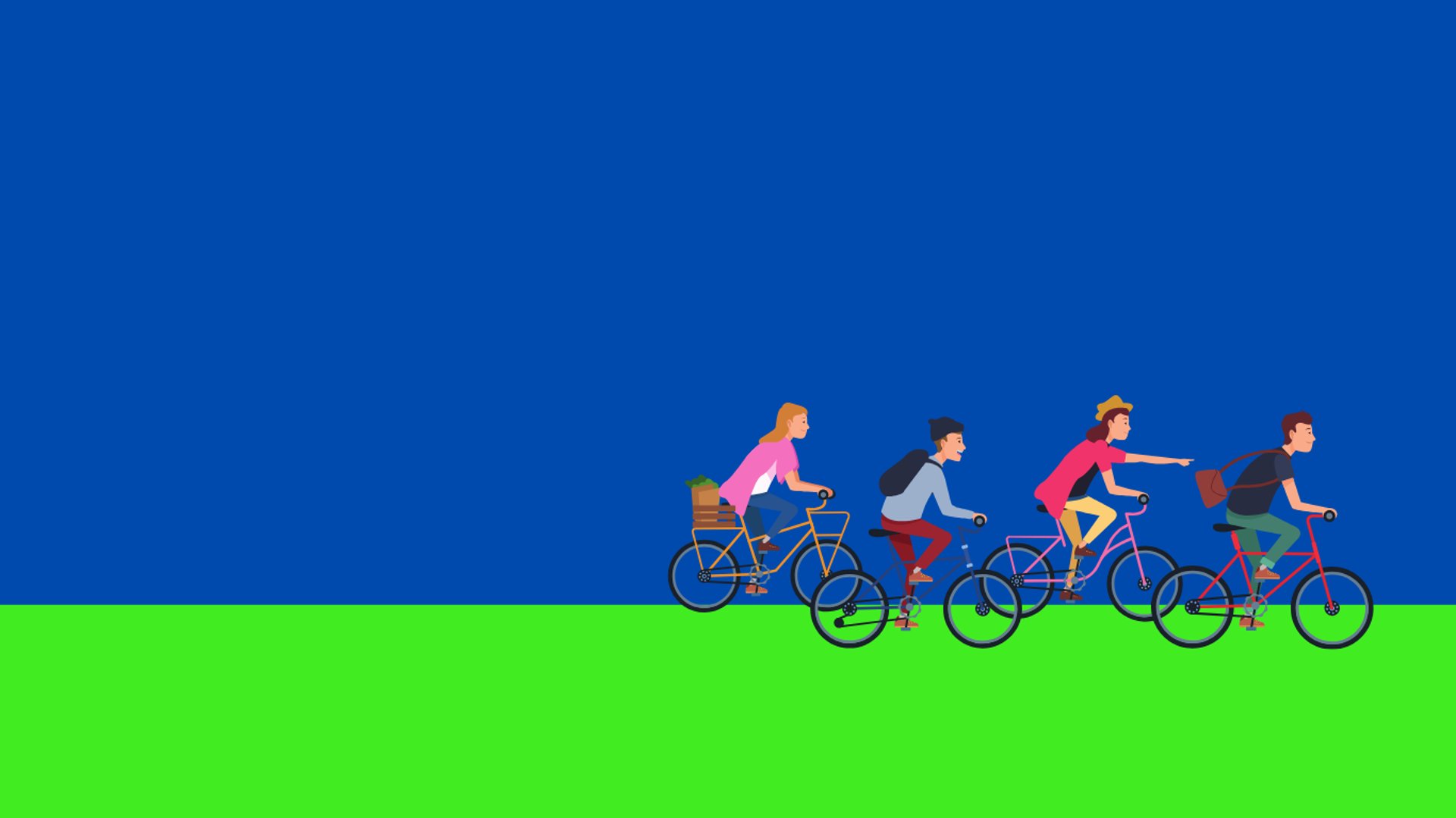Four diverse people riding bicycles across a blue and green background.