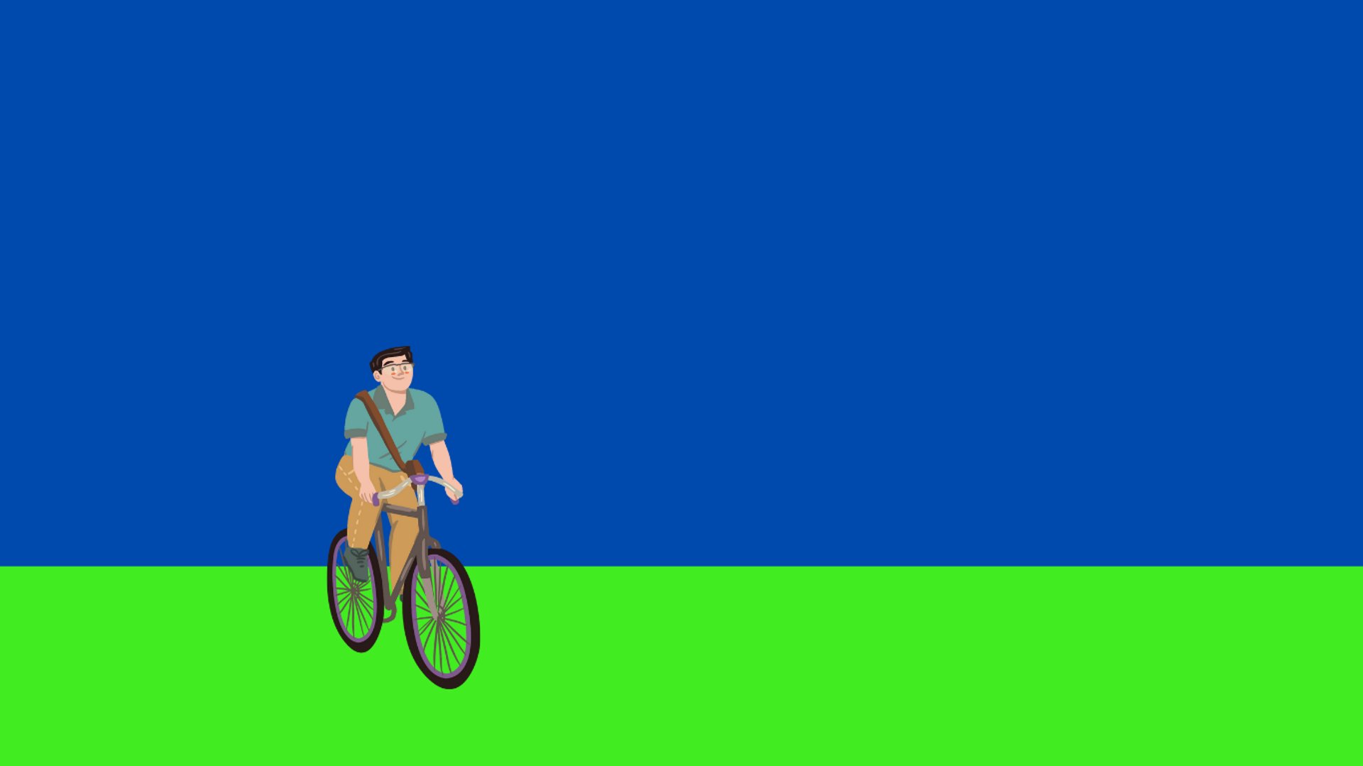 Illustration (left side) of a man on a bicycle set on a green (grass) and blue (sky) background 