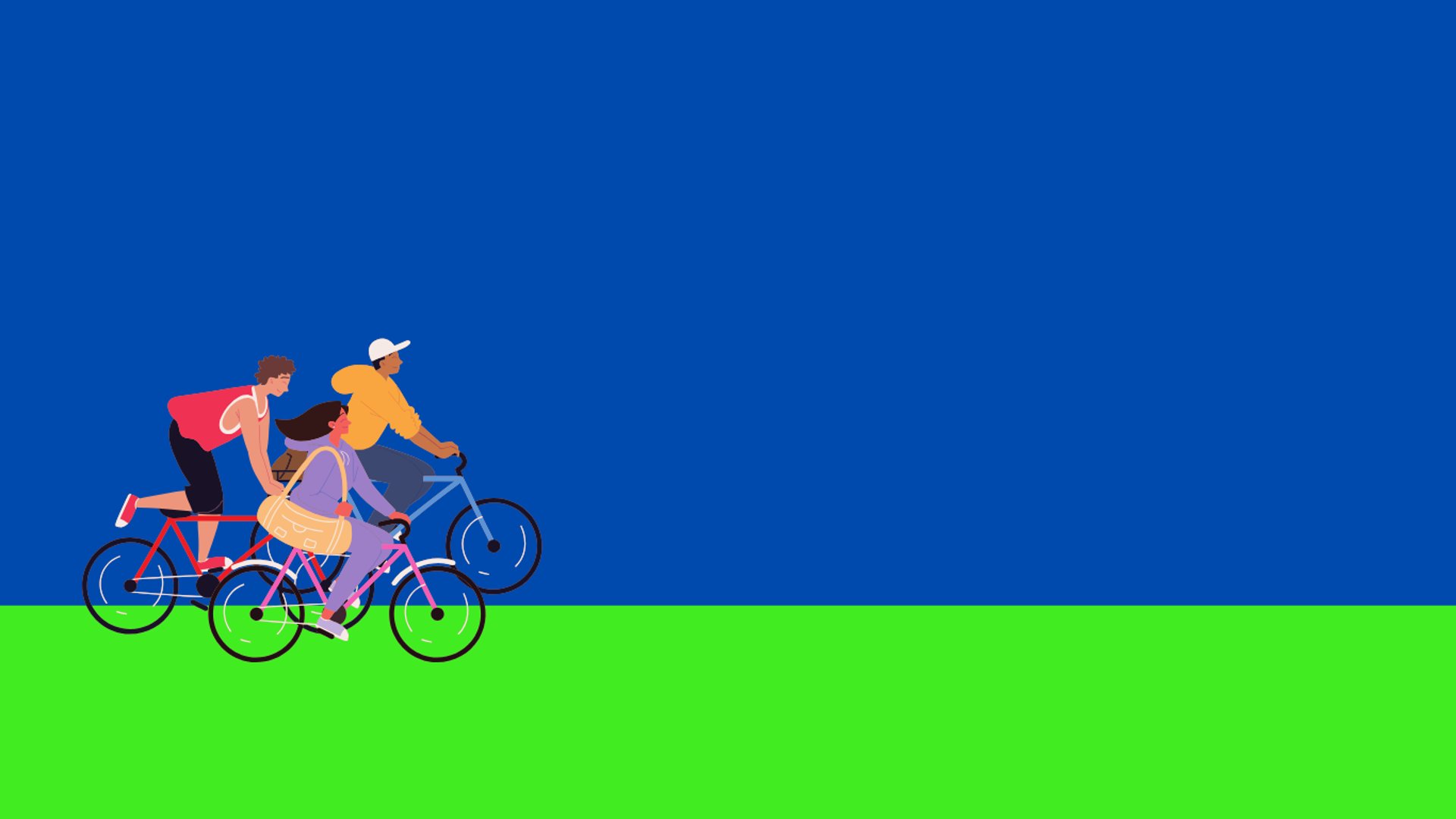 Three people ride bicycles across a green landscape under a blue sky.