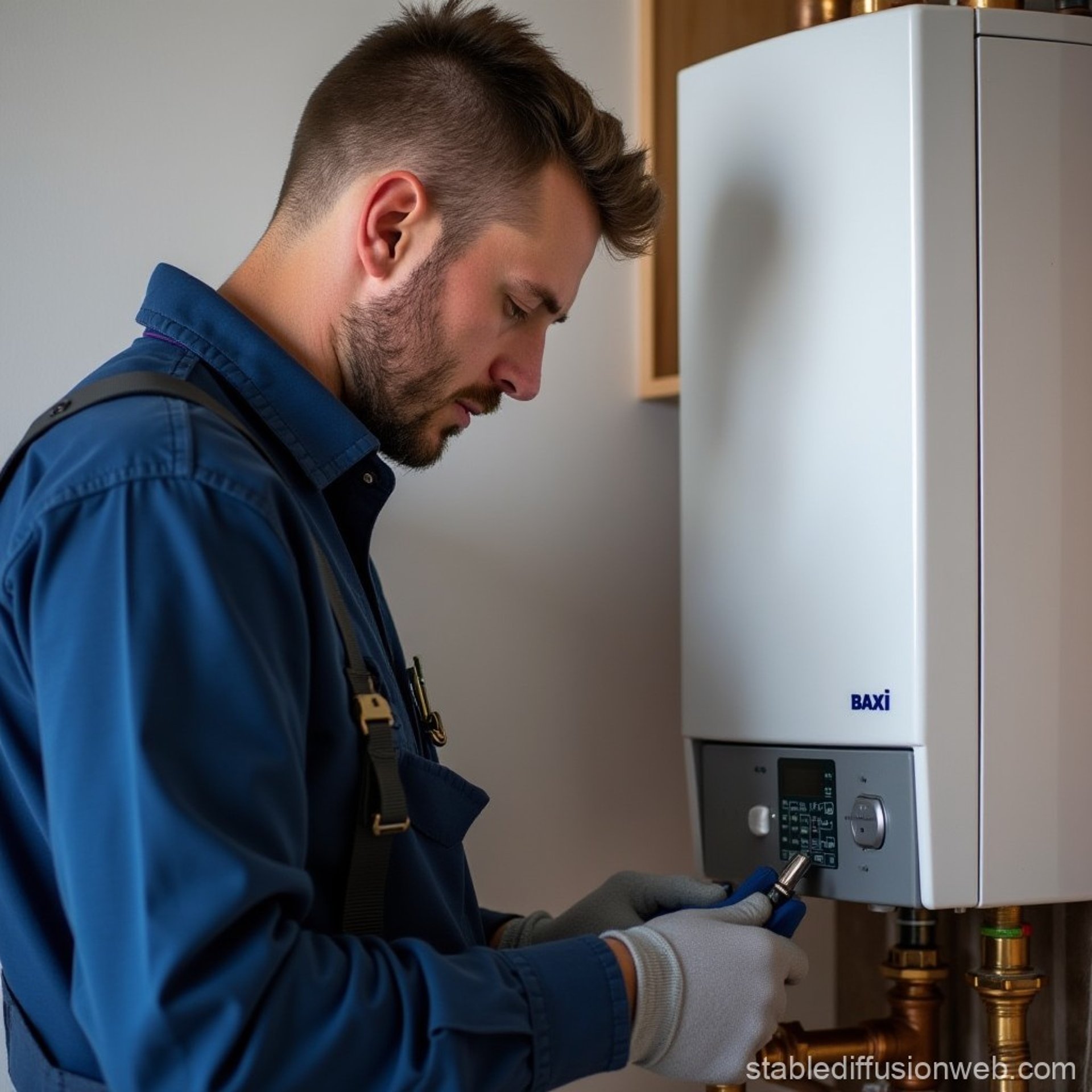 A gas engineer fixing a Baxi boiler