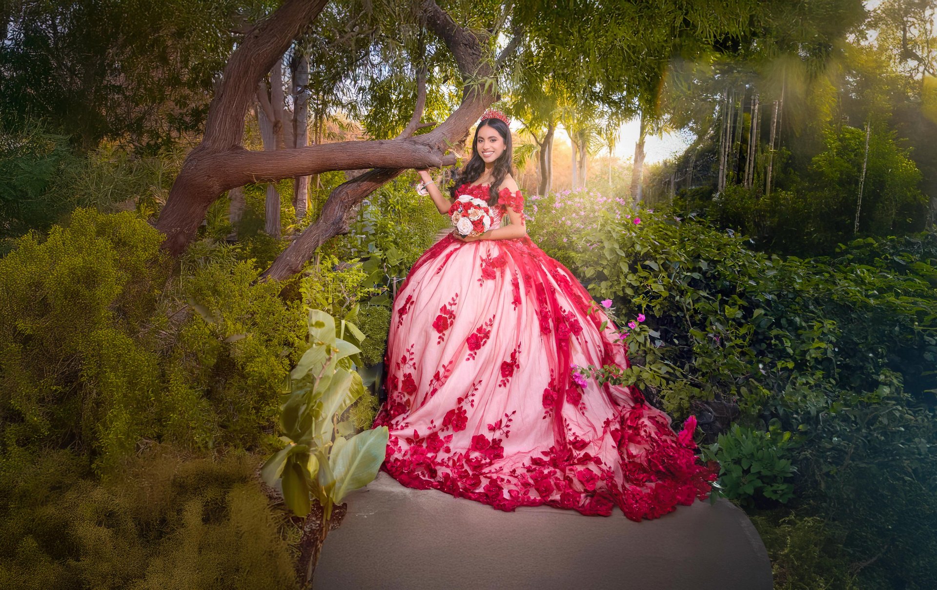 hermosa quinceañera vestido color rojo en una sesion fotografica