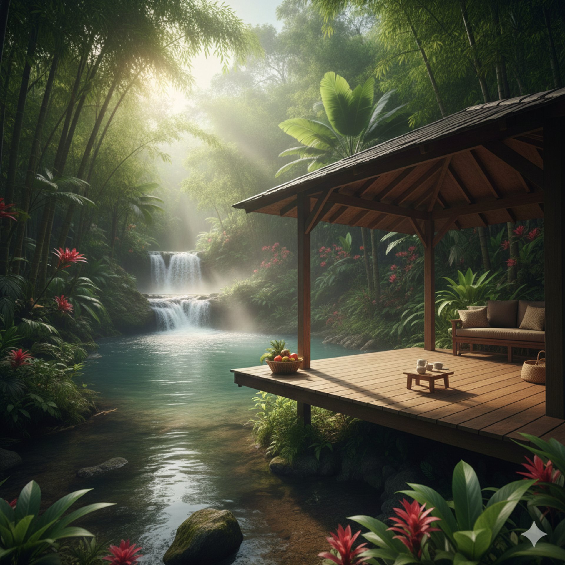 a hammock between two palm trees on the beach