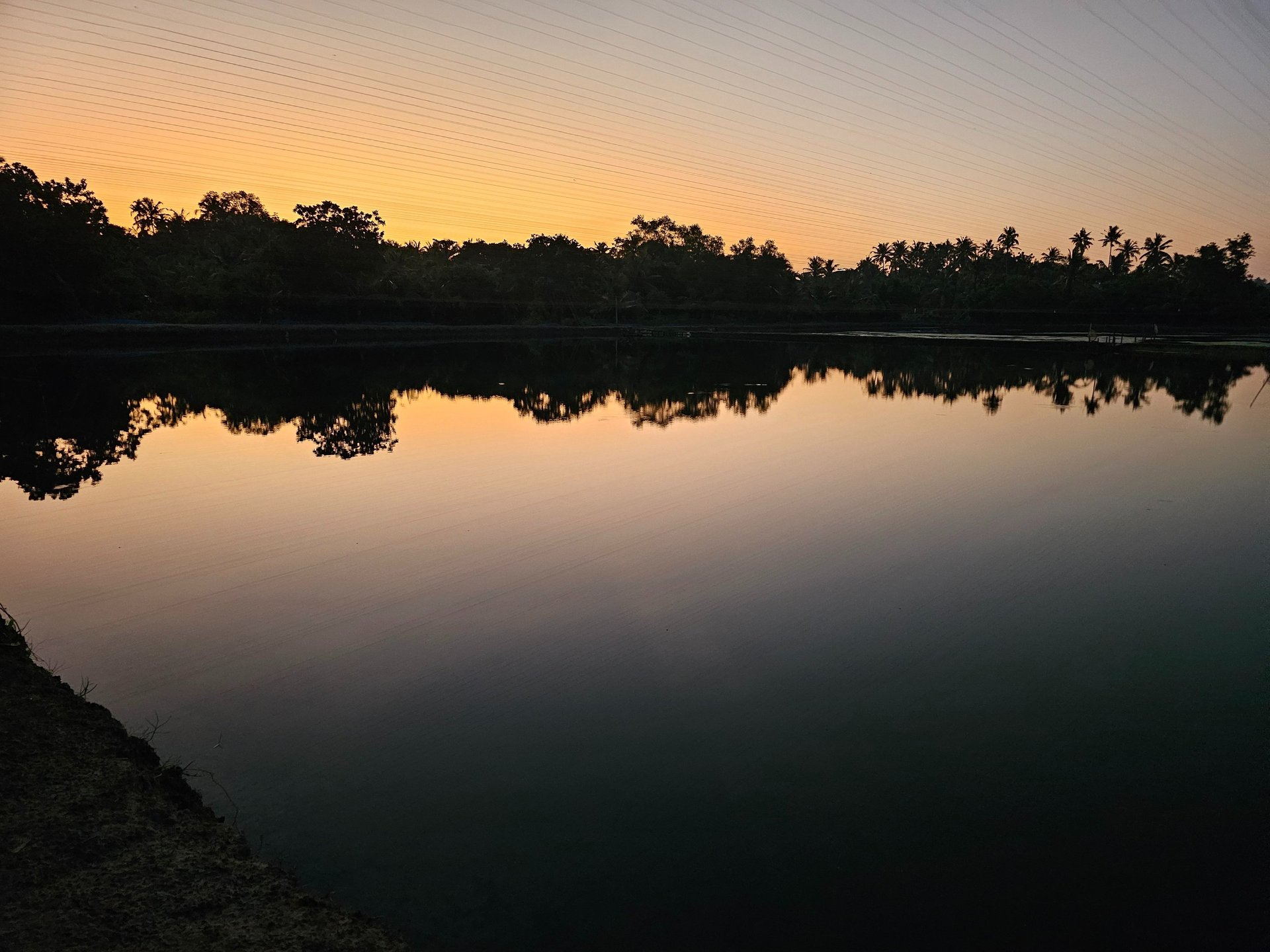 Floating structures sit on a calm body of water.