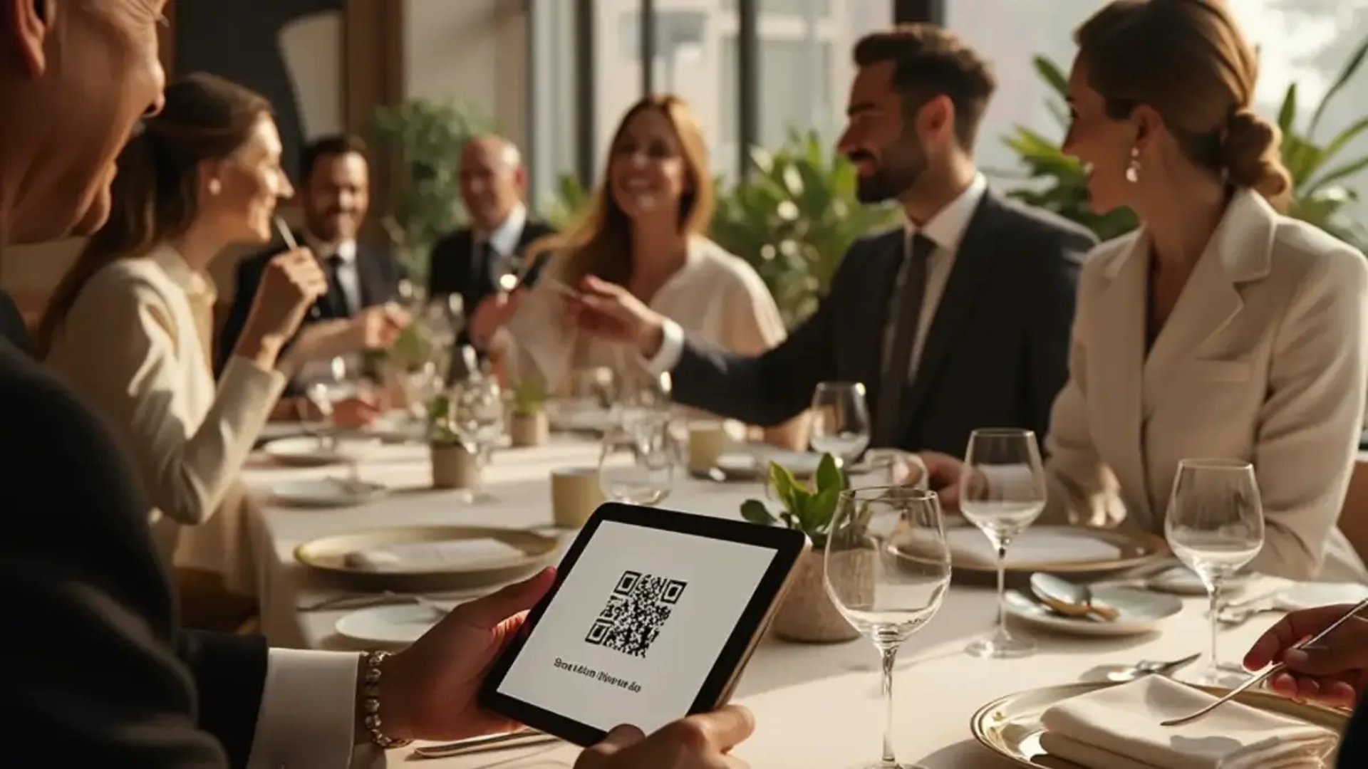 Clientes a desfrutar de um jantar elegante num restaurante, enquanto um comensal utiliza um menu digital num tablet.