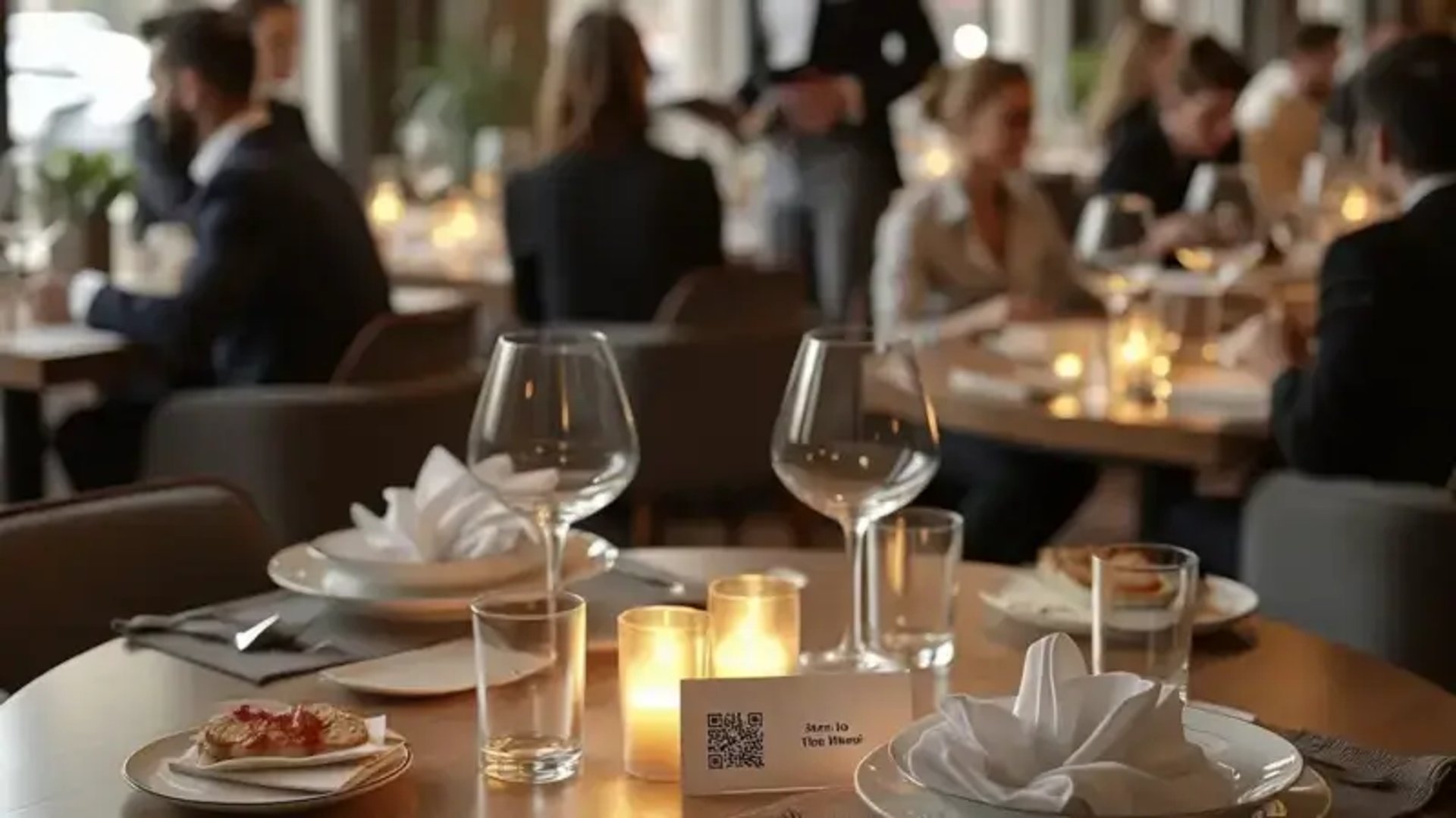 Restaurante com mesas decoradas e código QR para aceder a um menu digital interativo.