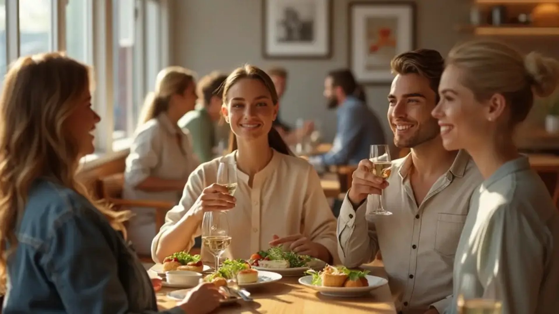 Grupo de amigos a desfrutar de uma refeição num restaurante com ambiente acolhedor e moderno.