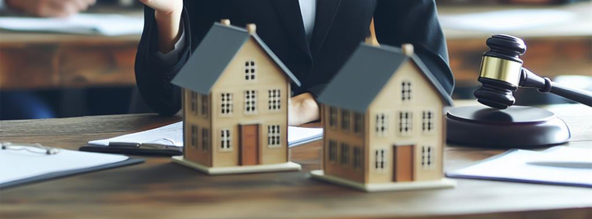 Imagem de uma mesa de escritório com duas maquetes de casa , documentos e um  martelo da justiça
