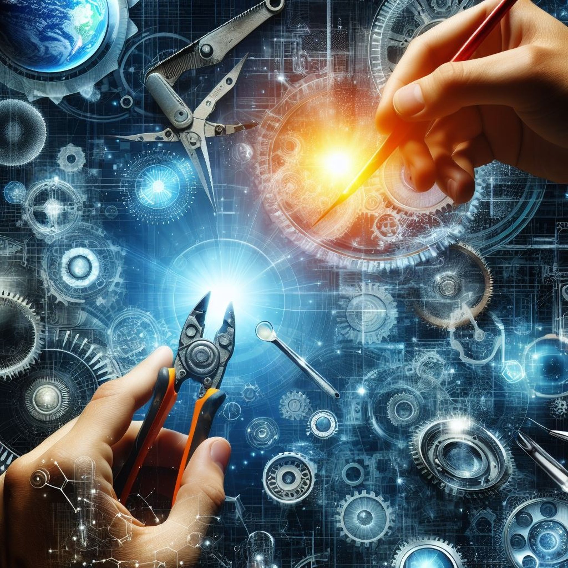 a person holding a pencil and a pair of scissors