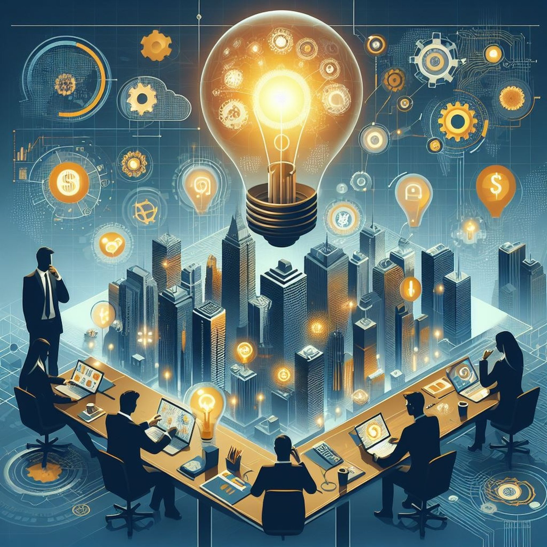 a group of people sitting at a table with a light bulb bulb and a light
