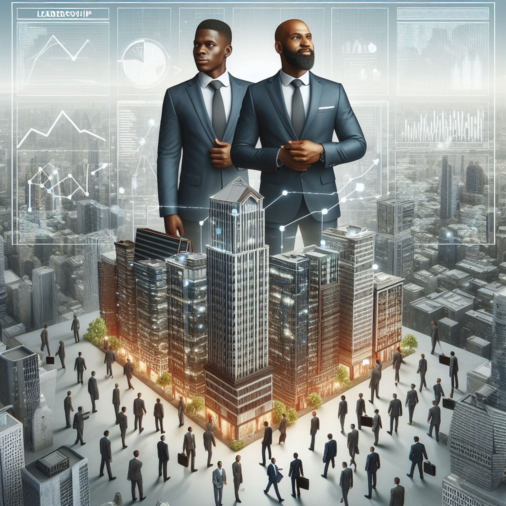 two men in suits standing in front of a cityscapeople