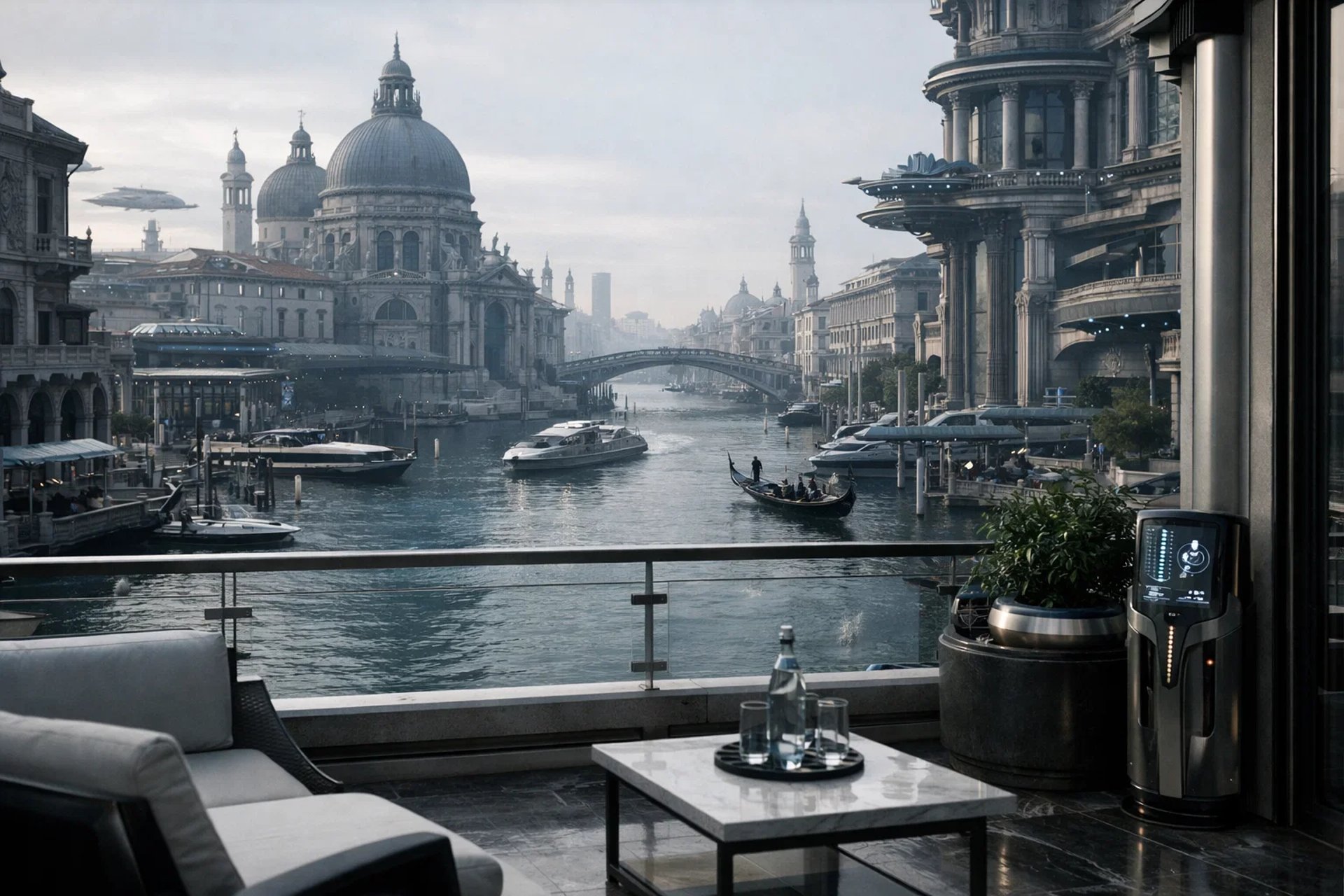 a group of people walking around a building