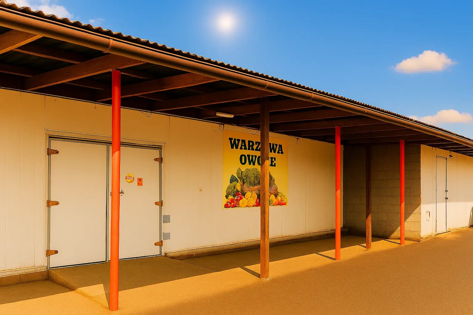 Widok na wejście do sklepu z warzywami i owocami, z jasnym niebem, czystą nawierzchnią i wyraźnym szyldem promującym świeże p