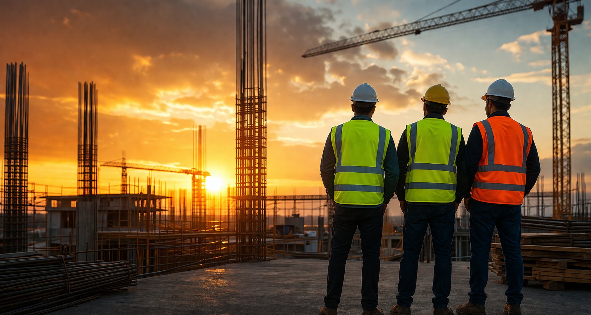 seven construction workers standing on white field