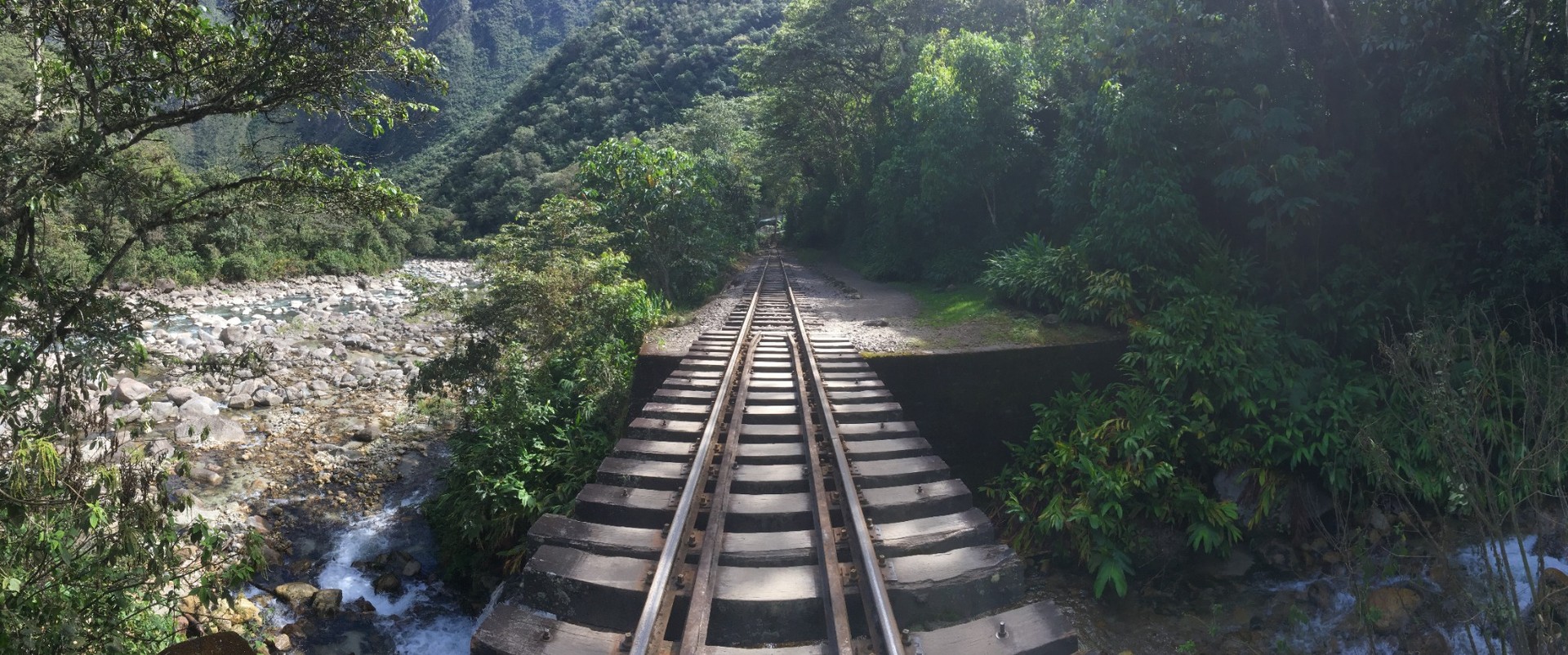 Rails vers le Machu Picchu longeant la rivière et la forêt tropicale, panorama immersif de la marche d’Aguas Calientes