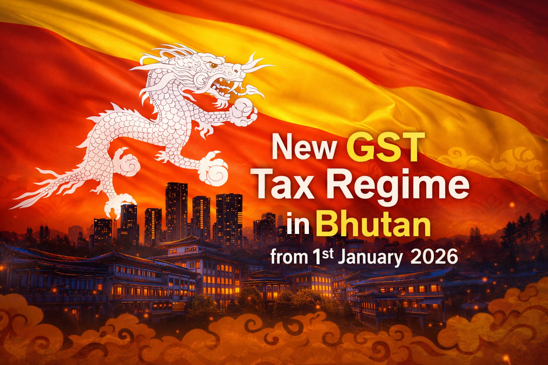 GST Tax Regime in Bhutan showing Bhutanese flag and businesses