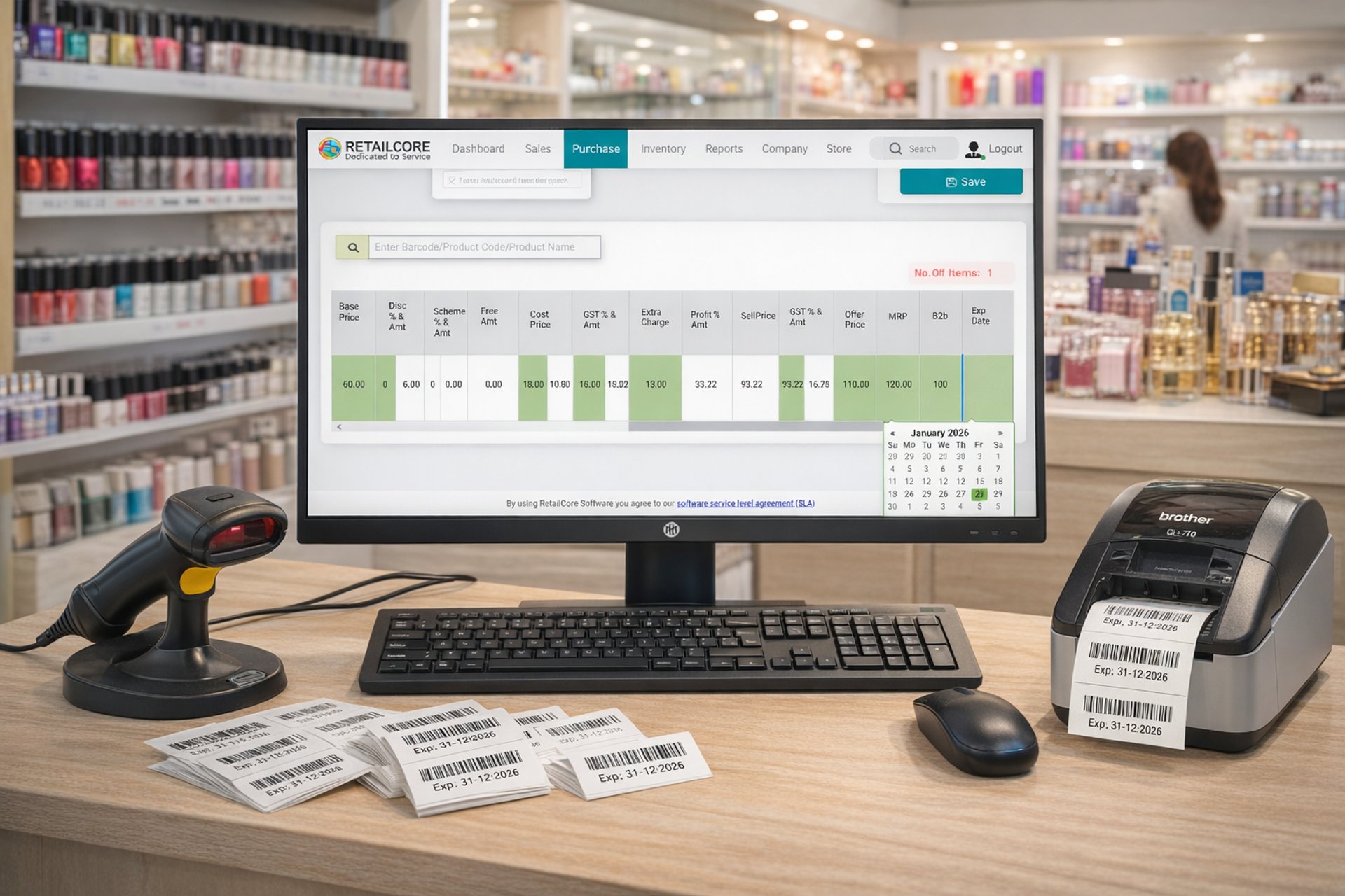 computer screen showing retailcore software barcode label and tag design and printing