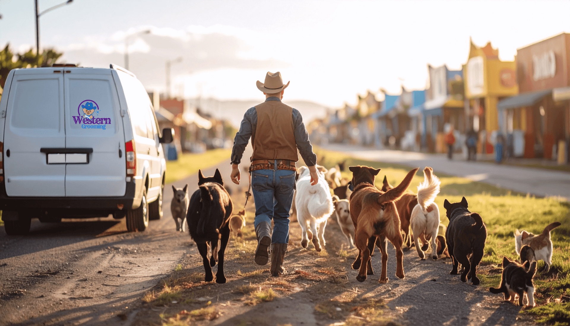 A groomer in a cowboy hat walks a pack of happy dogs down a street, with the Western Grooming mobile van in the background.