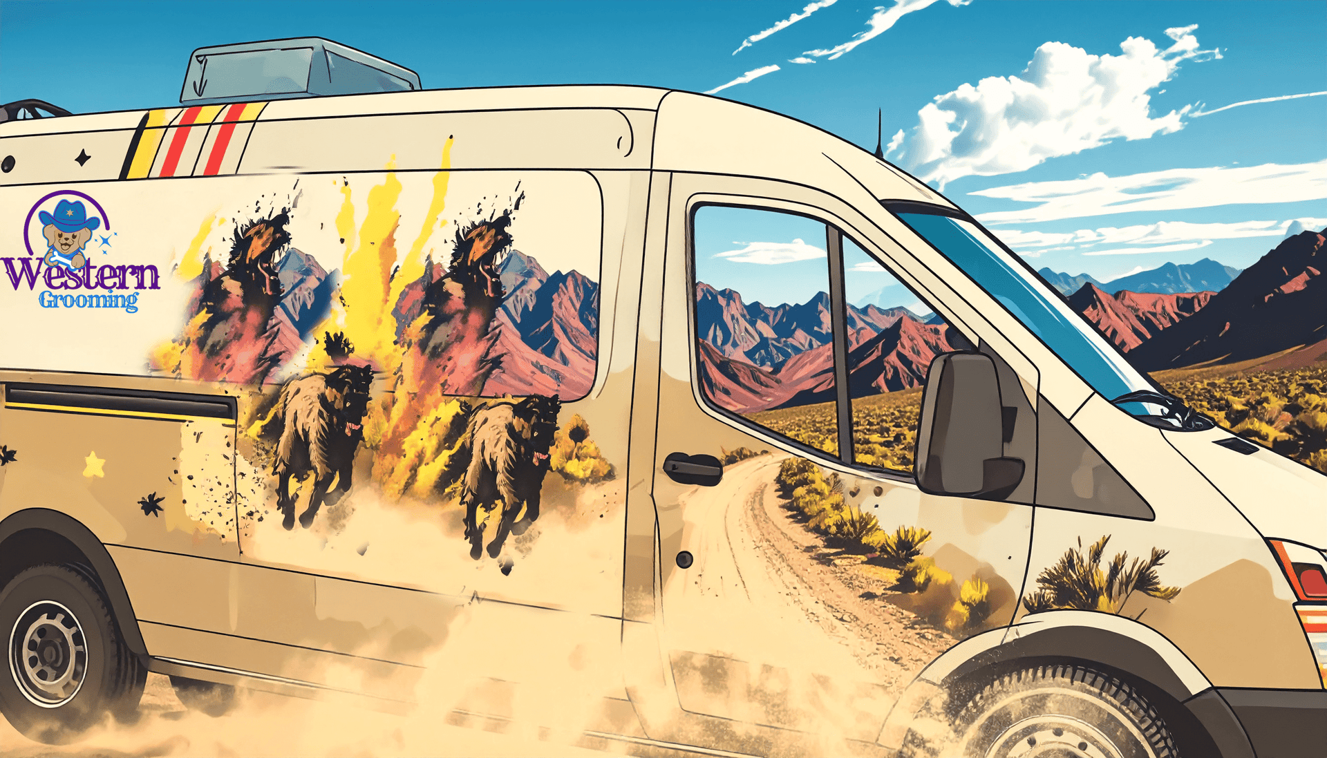 Illustration of the Western Grooming mobile van with cowboys on horseback riding across a desert landscape.