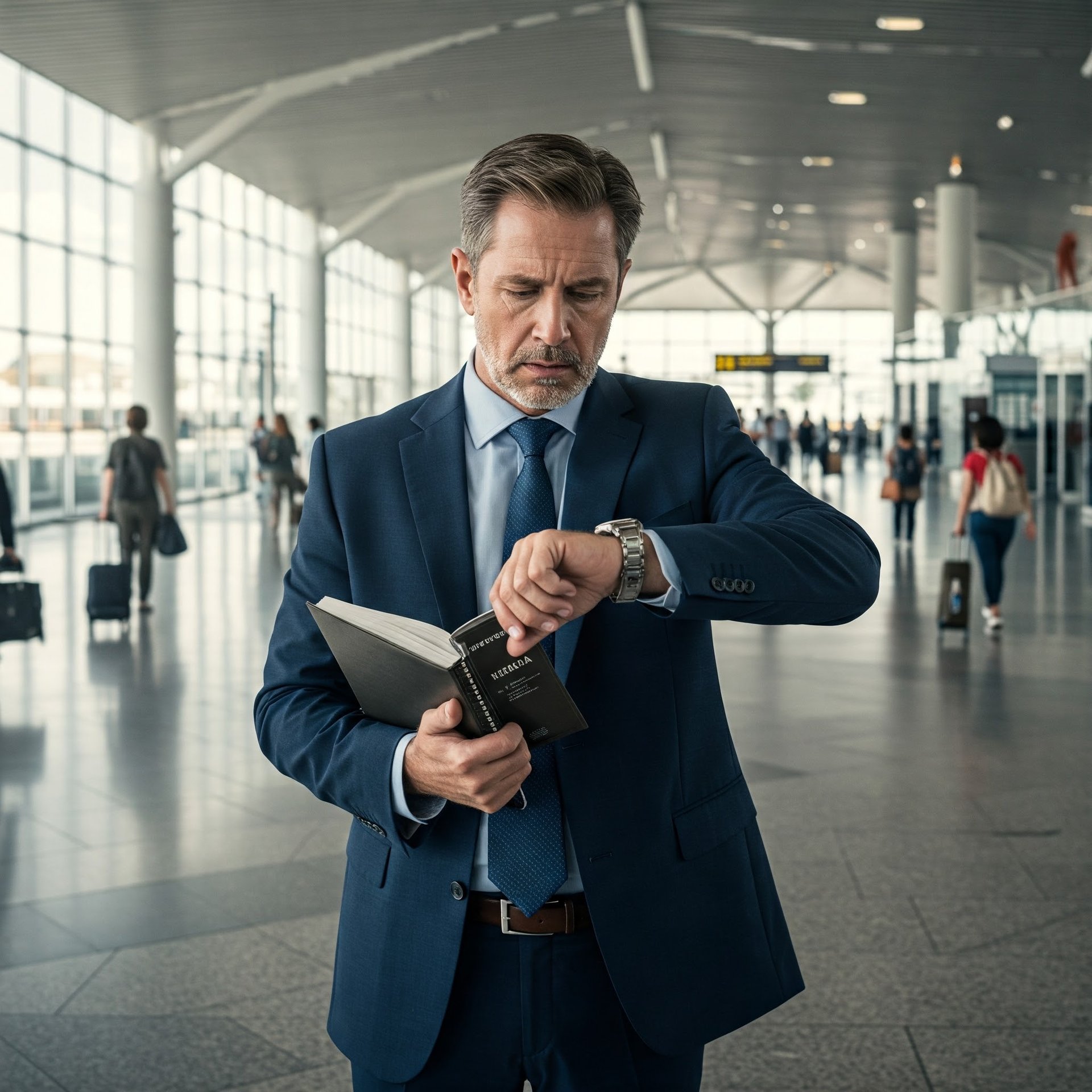Homem no aeroporto olha o relógio percebe que seu voo está atrasado.