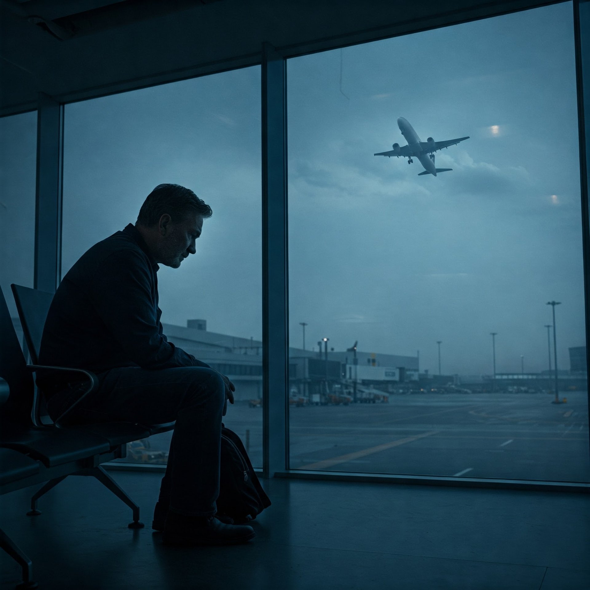 Homem assentado no aeroporto, desiludido por causa de overbooking.