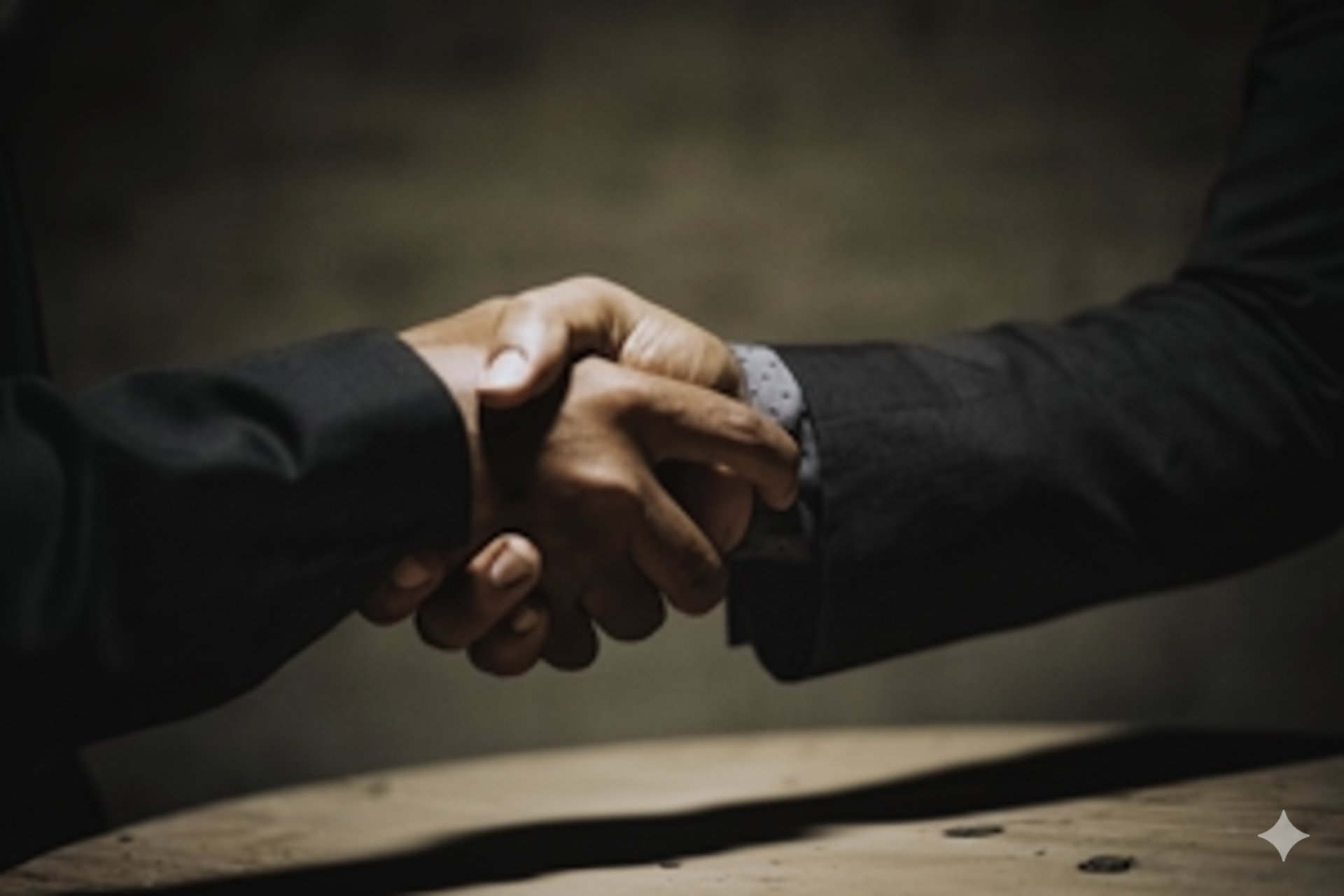 two people shaking hands over a wooden table