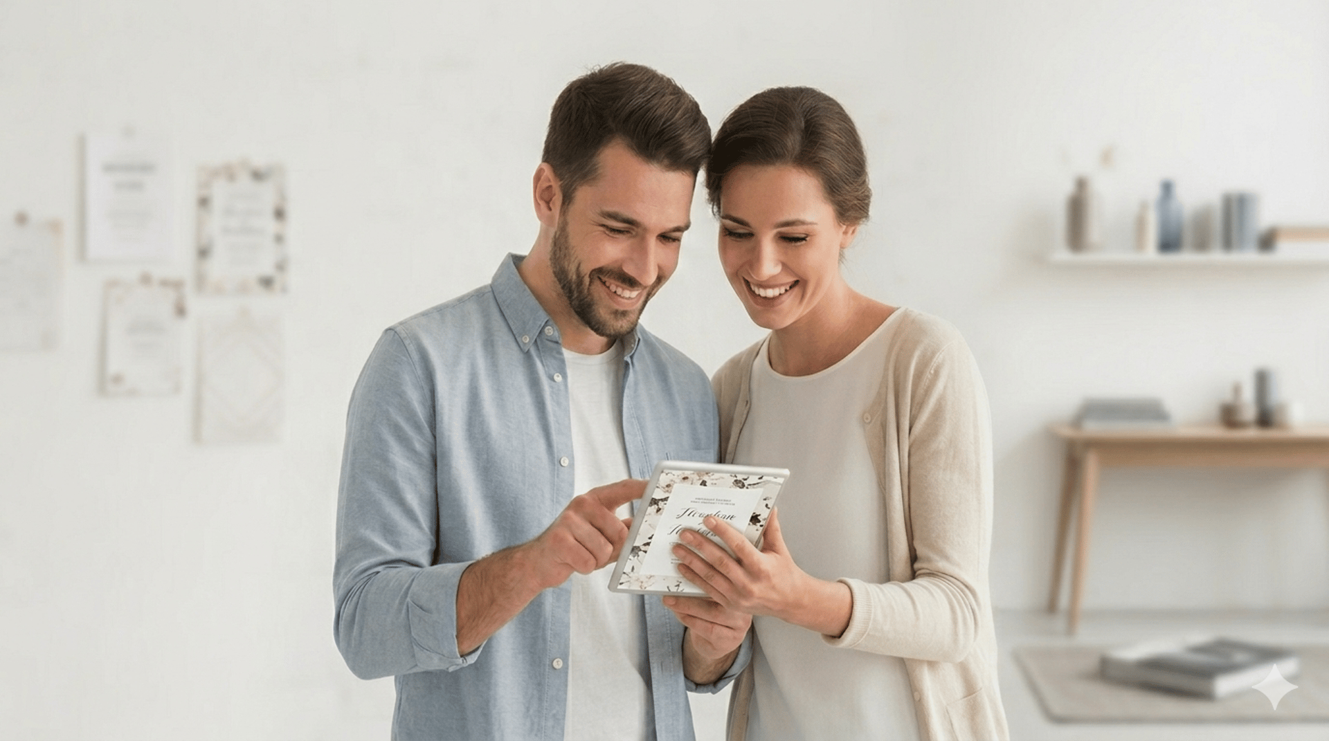 Two people holding a blank square card outdoors