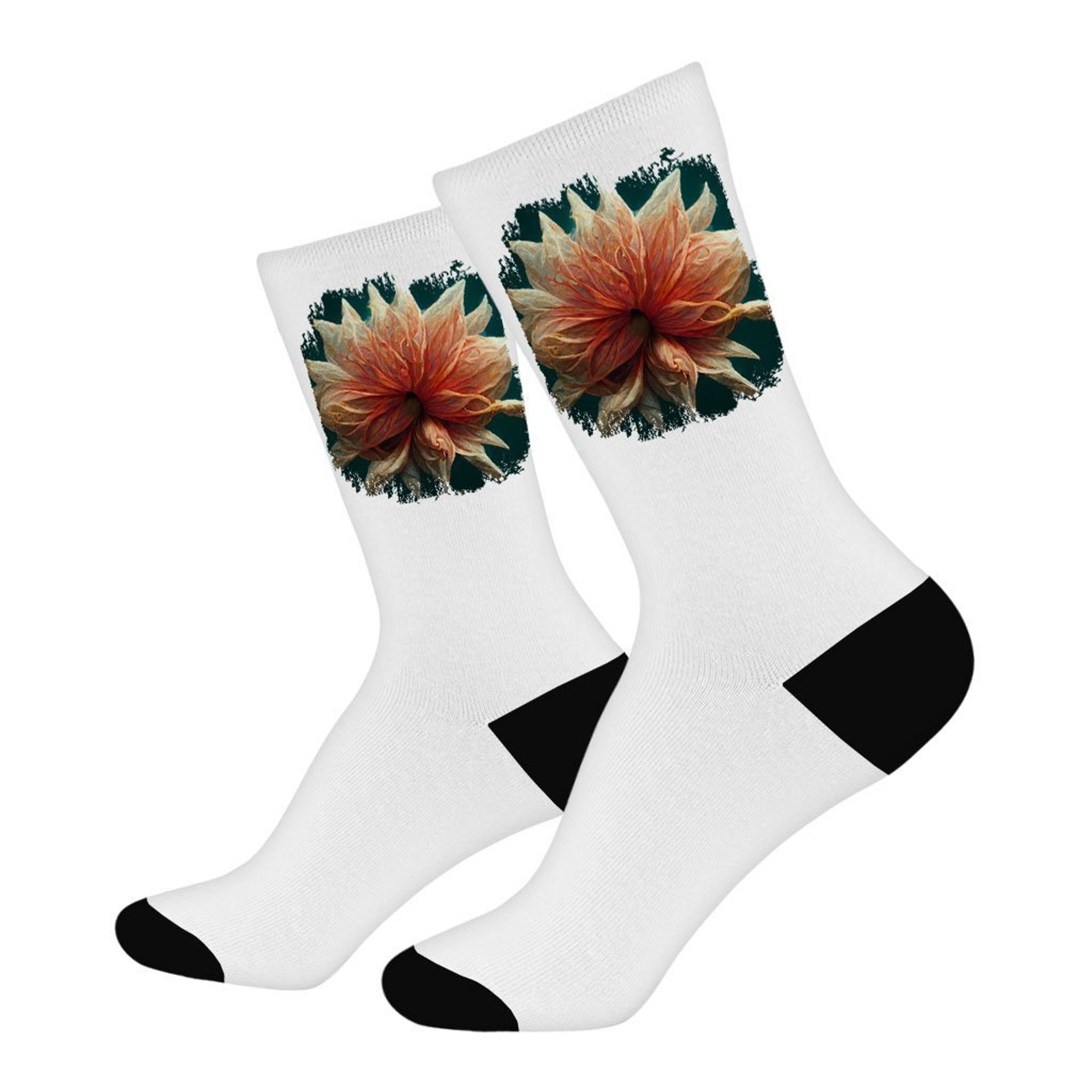 a pair of white socks with pink and blue triangles