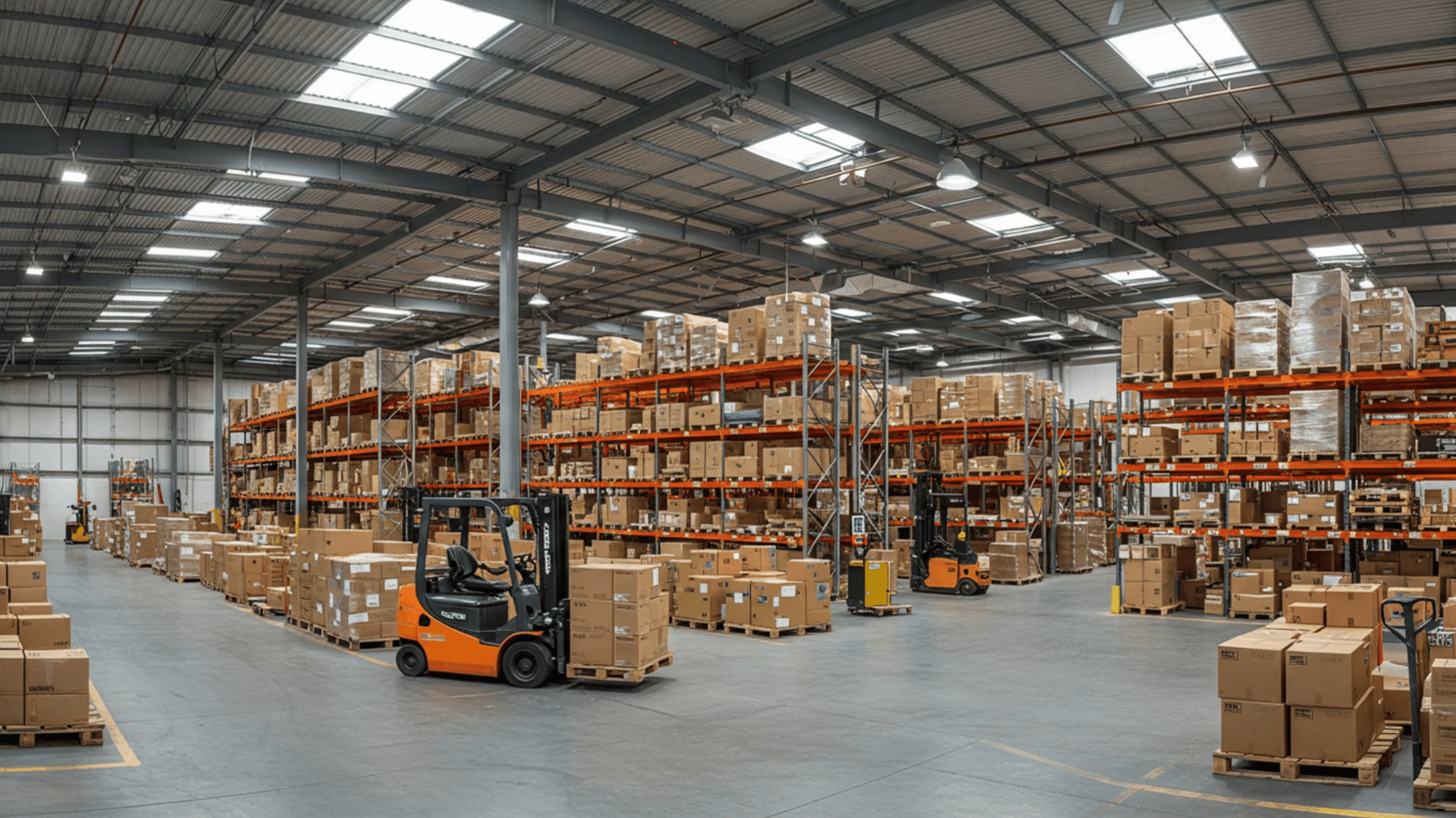 A yellow forklift in a large warehouse