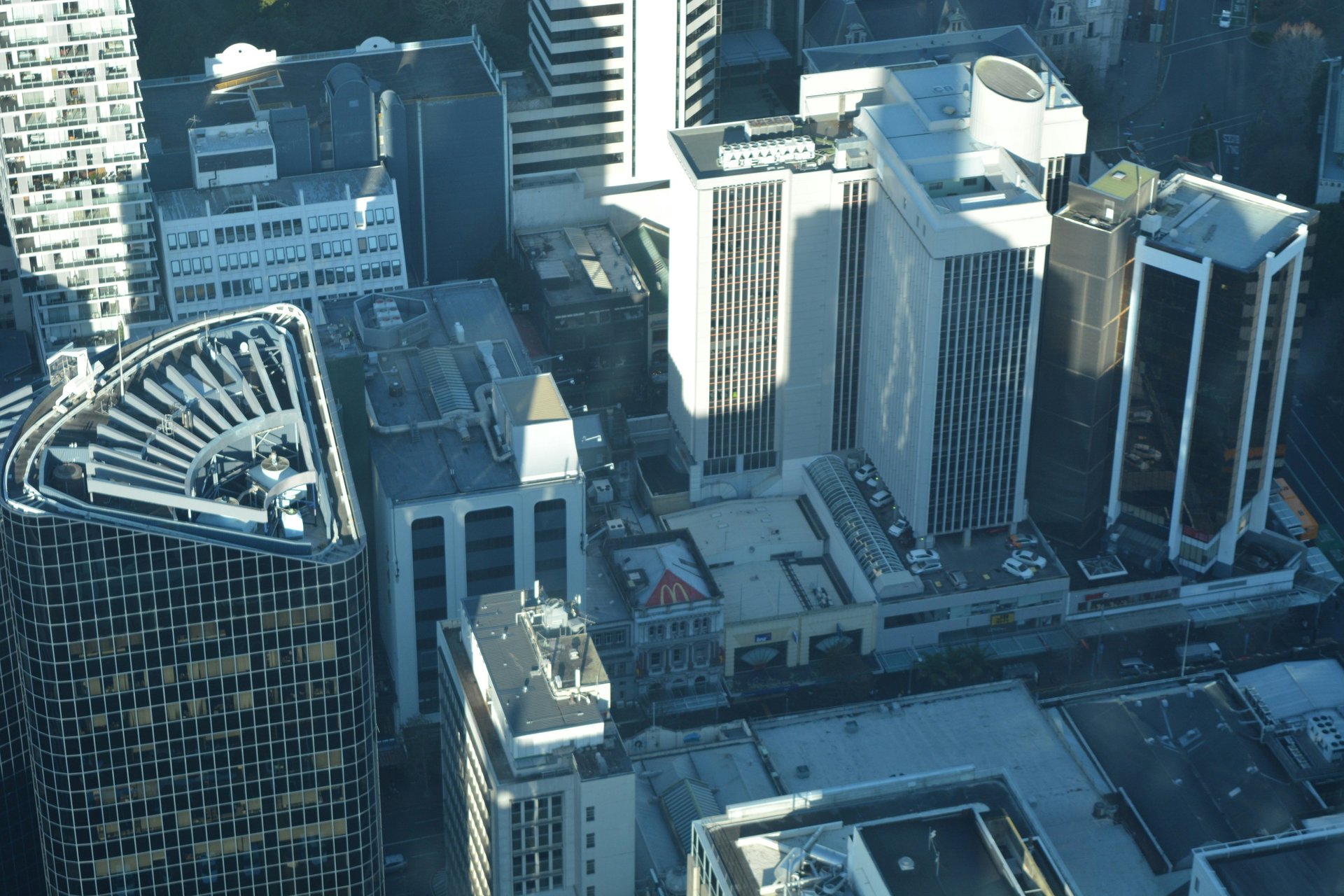 A high angle shot of Auckland city buildings