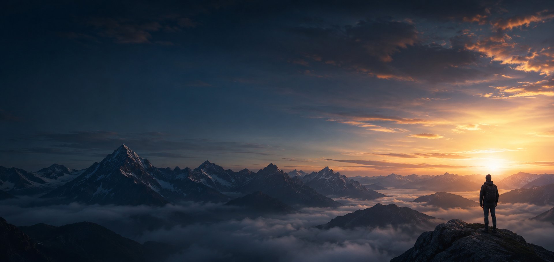 Cinematic dark travel landscape banner with mountains, sunrise sky and adventure explorer background