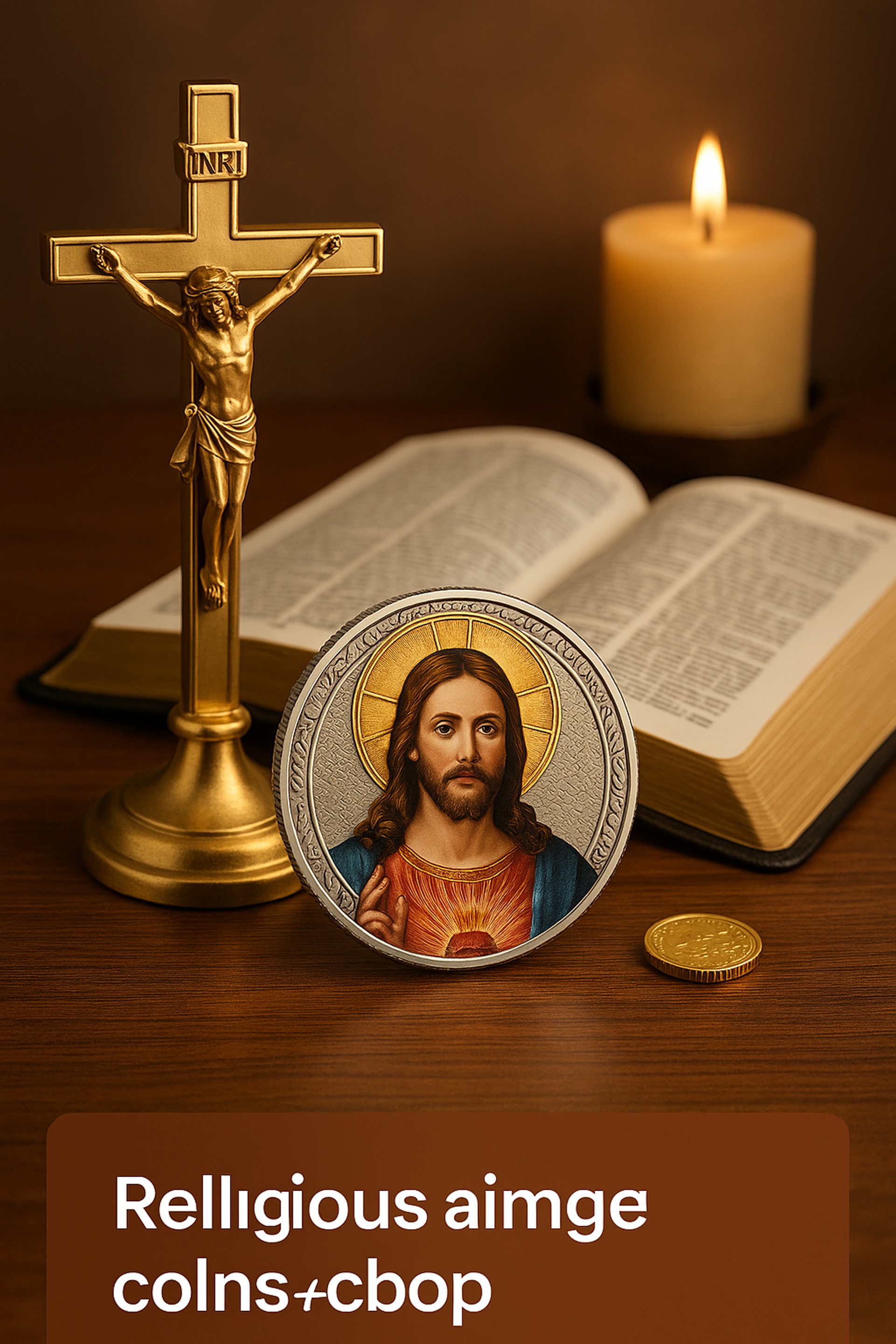 Jesus on a coin next to a crucifix, bible and candle 