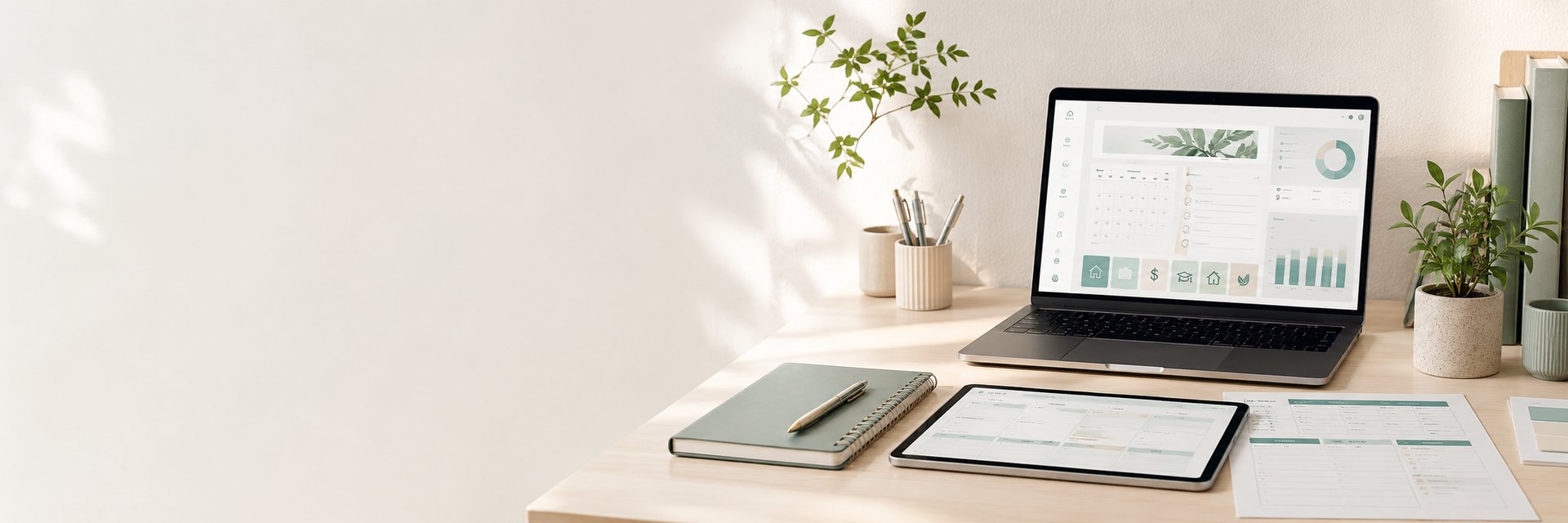 Clean workspace with digital planning dashboards, planner pages, and greenery for Plan Track Grow.