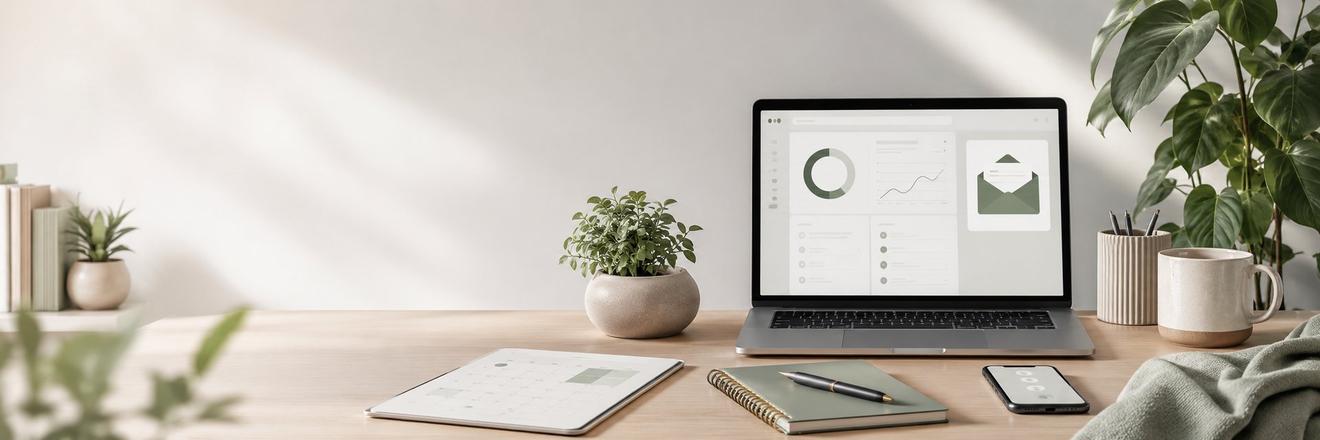 Calm workspace with laptop, email support screen, tablet, notebook, and greenery.