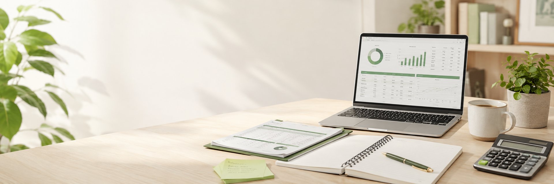 Workspace with laptop budget dashboard, planner pages, calculator, and green accents.