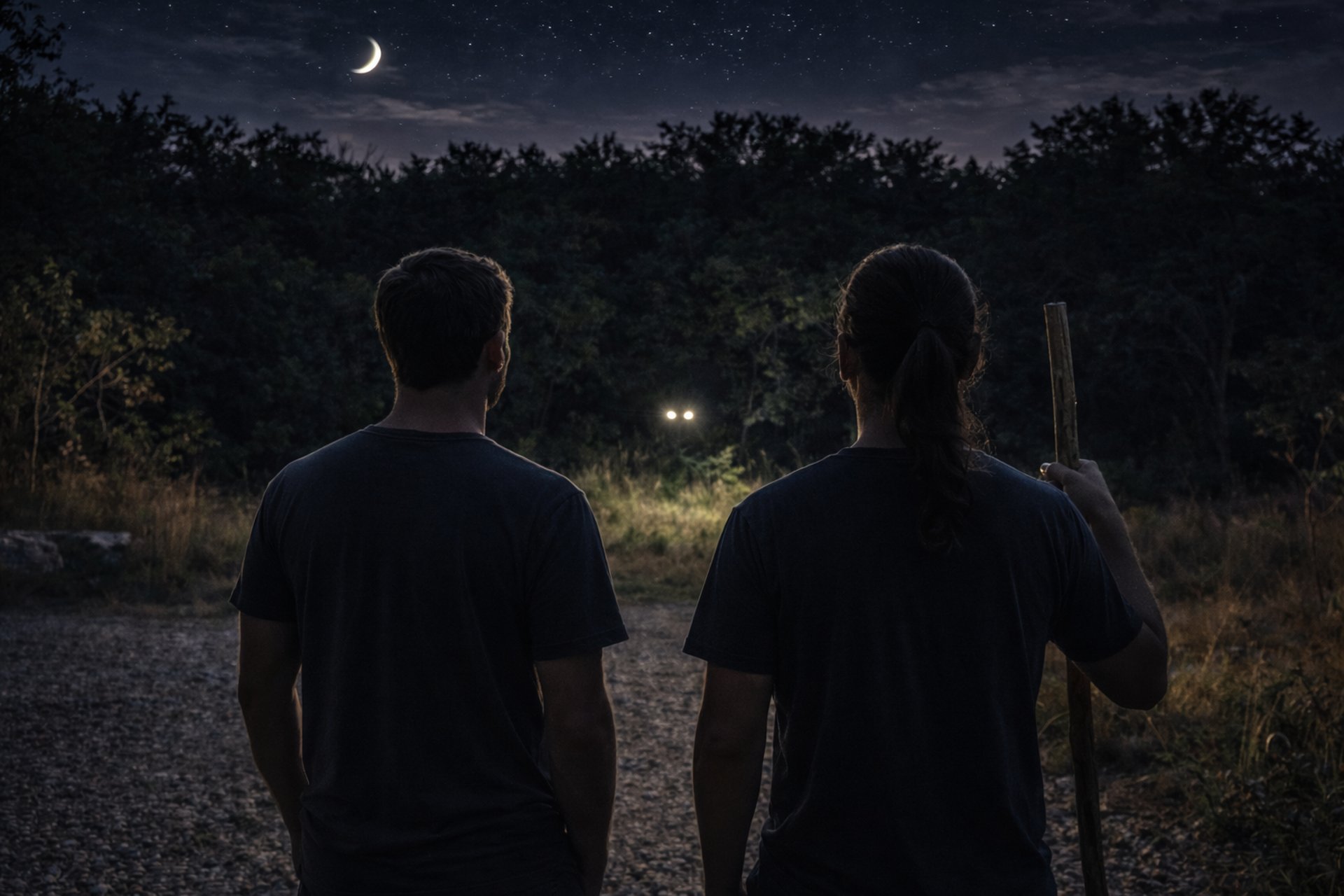 a person standing in the middle of a forest at night