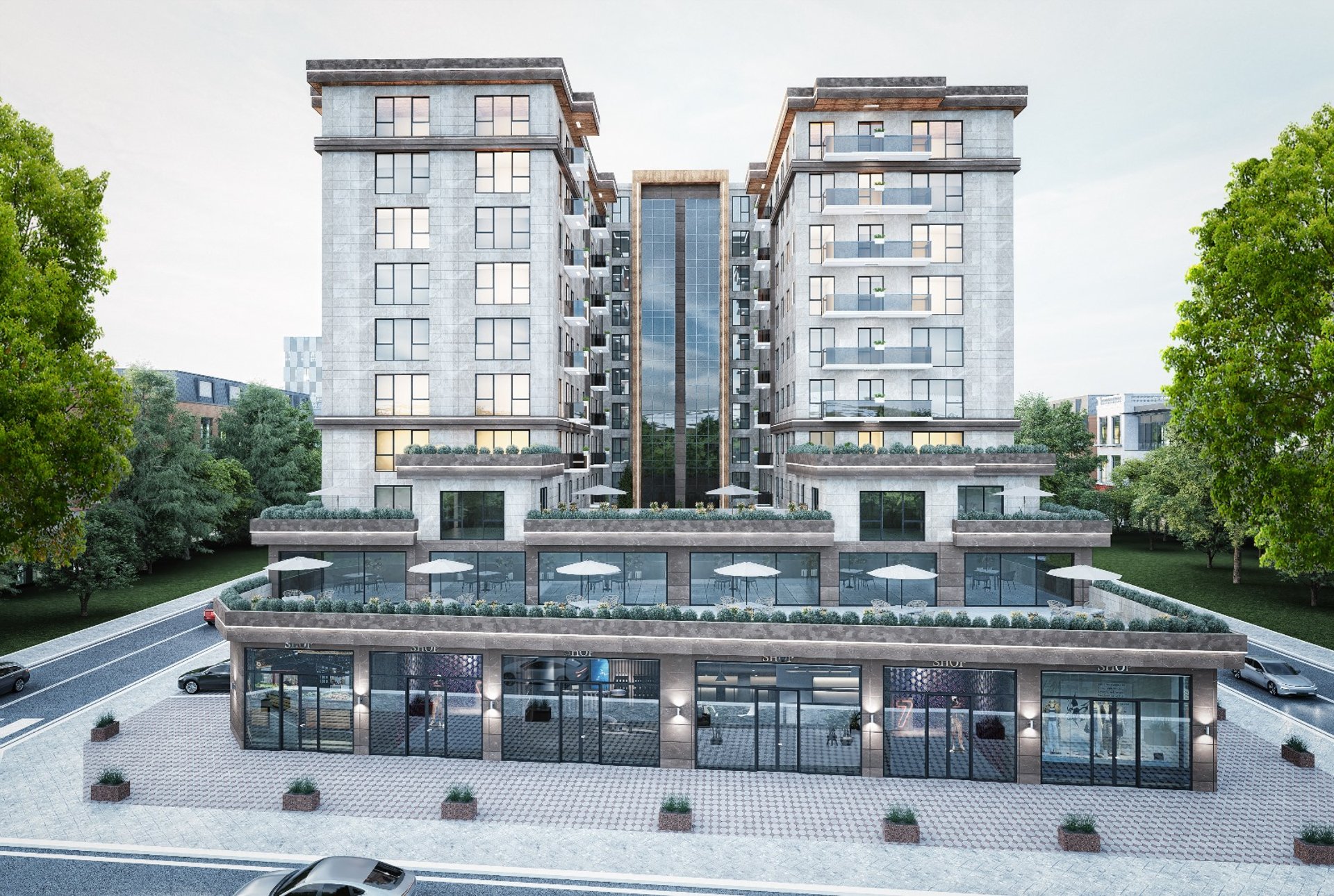 an abstract photo of a curved building with a blue sky in the background