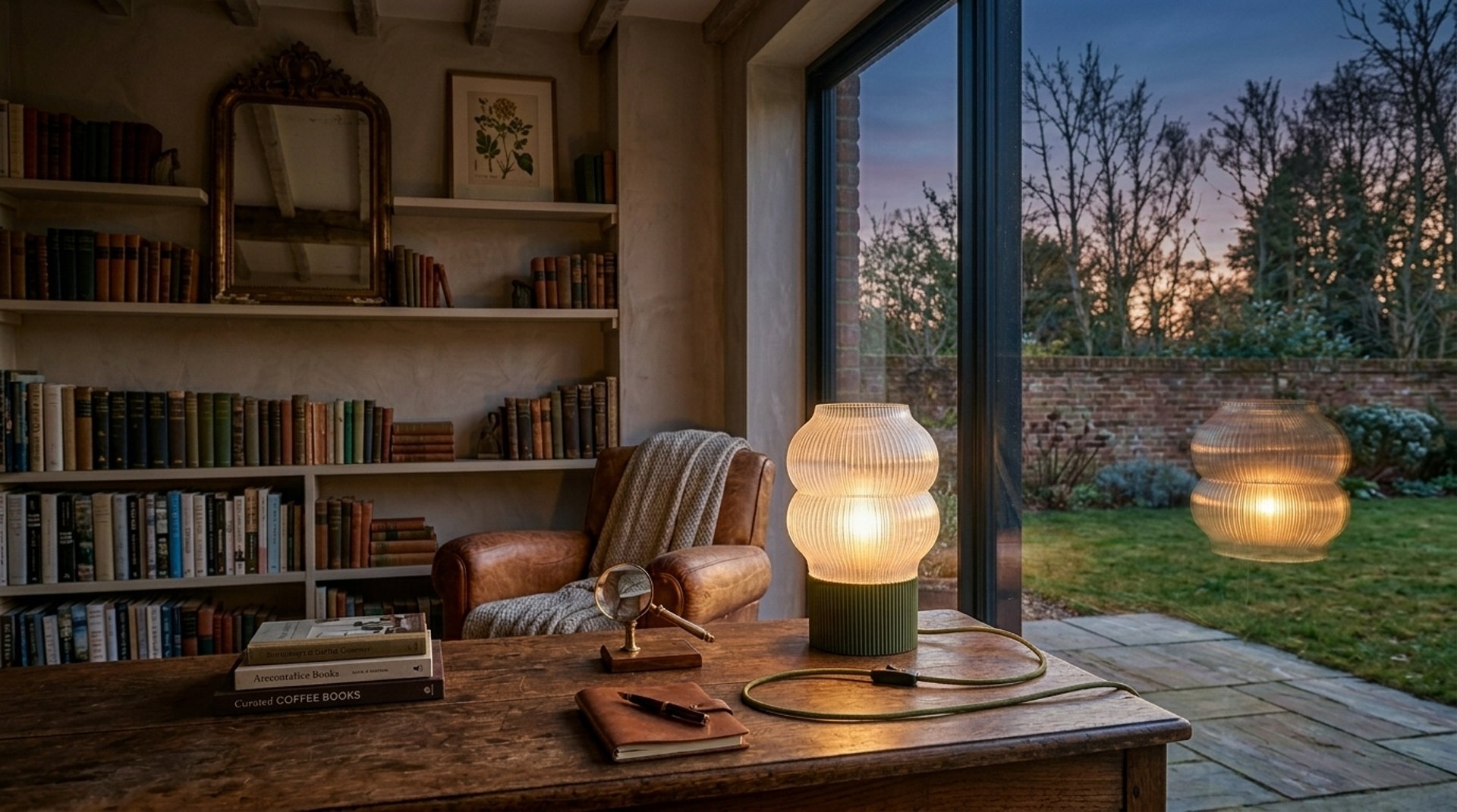 A dimly lit bedside lamp illuminates a rumpled white duvet.