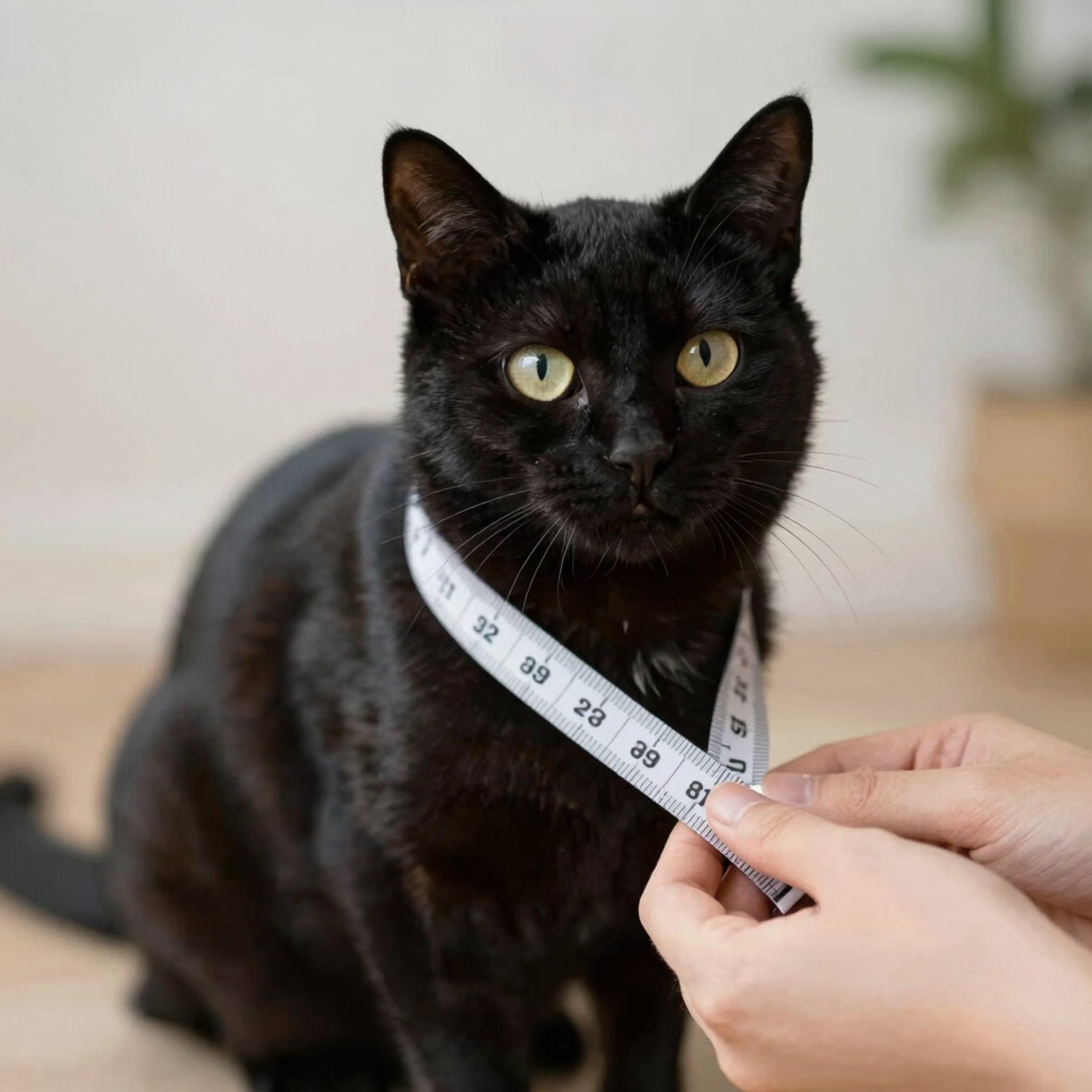Una persona tomándole medidas a un gato negro