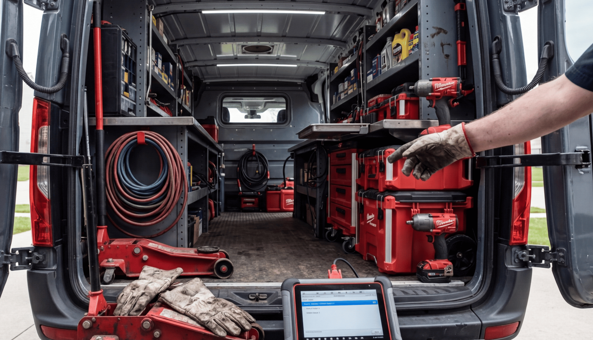 Professional mobile mechanic van build-out featuring custom shelving, packout boxes, and diagnostic tools in a driveway.