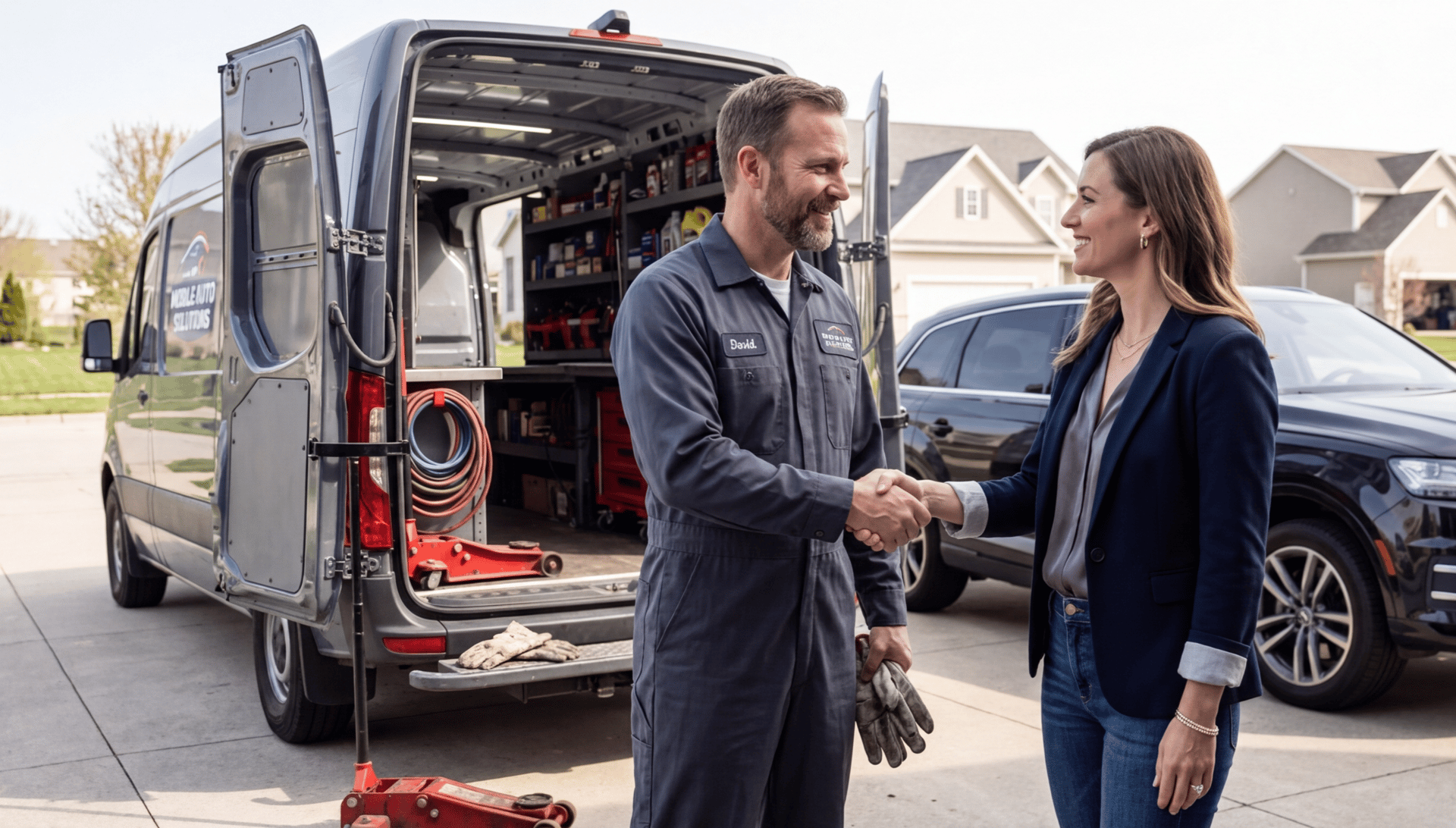 Professional mobile mechanic shaking hands with a customer in a driveway, demonstrating trust and liability protection.