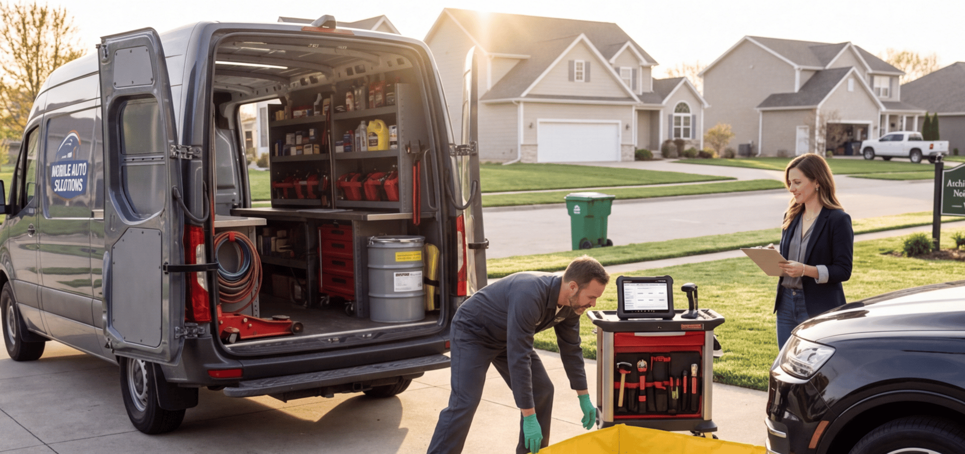 Professional mobile mechanic using a heavy-duty fluid catch basin and epa mat under a car in a strict HOA neighborhood