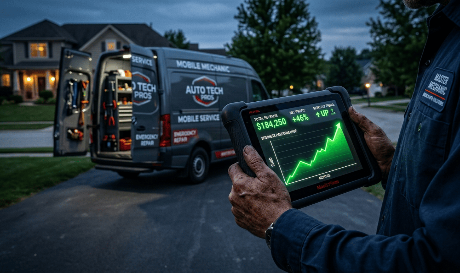 Master mobile mechanic holding a tablet displaying a profitable labor rate graph with a fully equipped mobile auto repair van