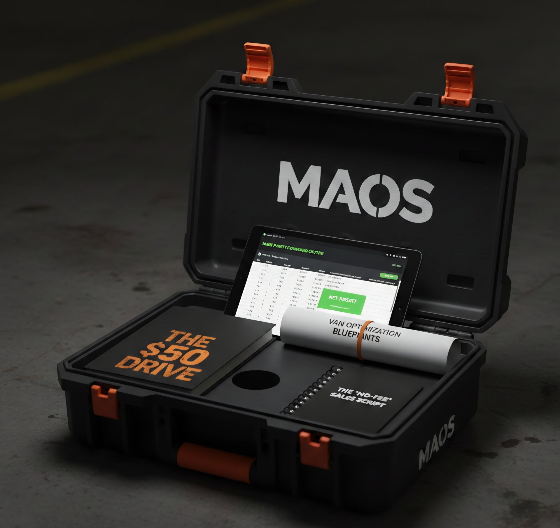 An open tool case with snaps that has The 50 Dollar Drive, The Van Organization Guide, the MAOS Profit Calculator 