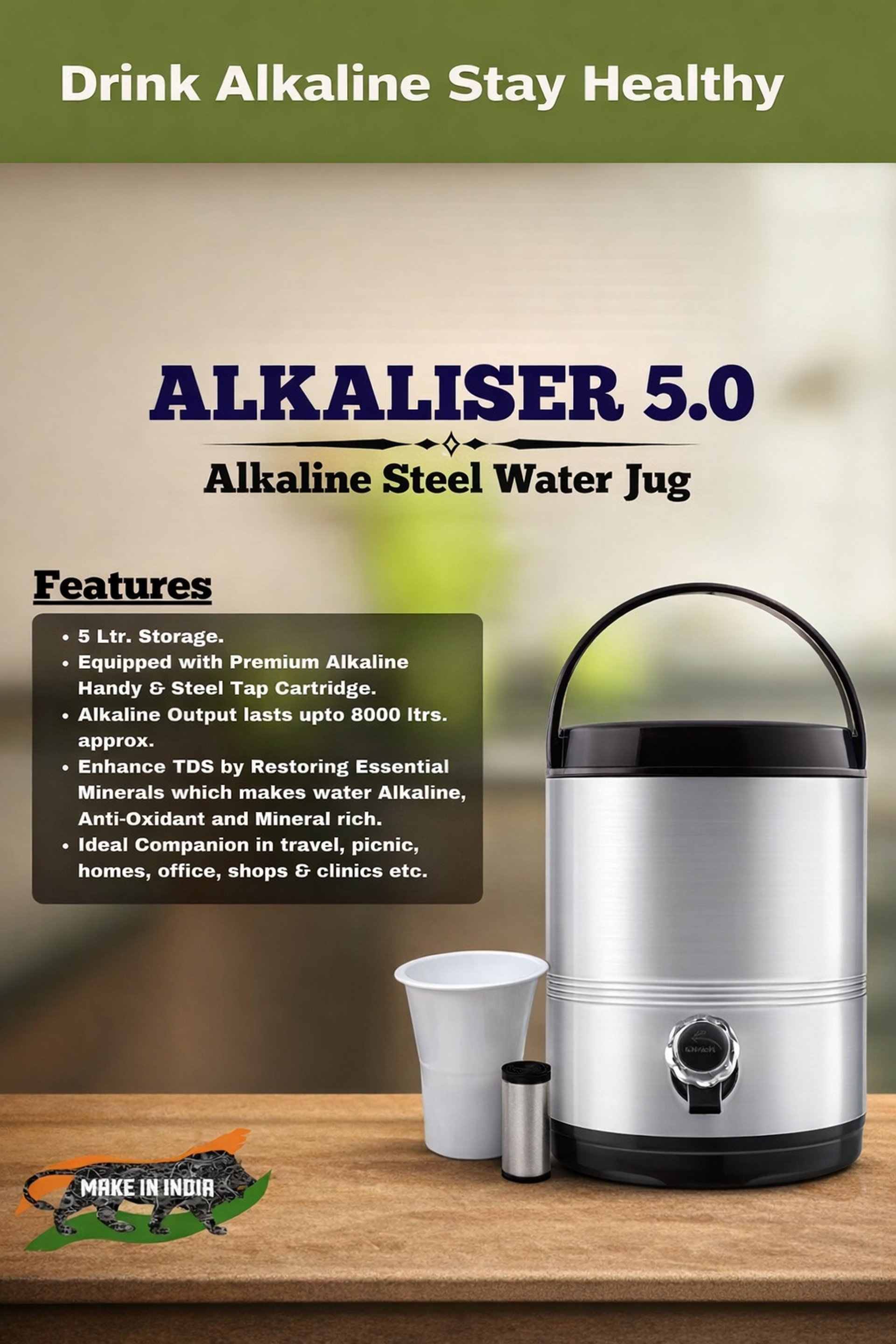 Alkaliser 5.0 alkaline steel water jug 5 litre with filter for healthy drinking water