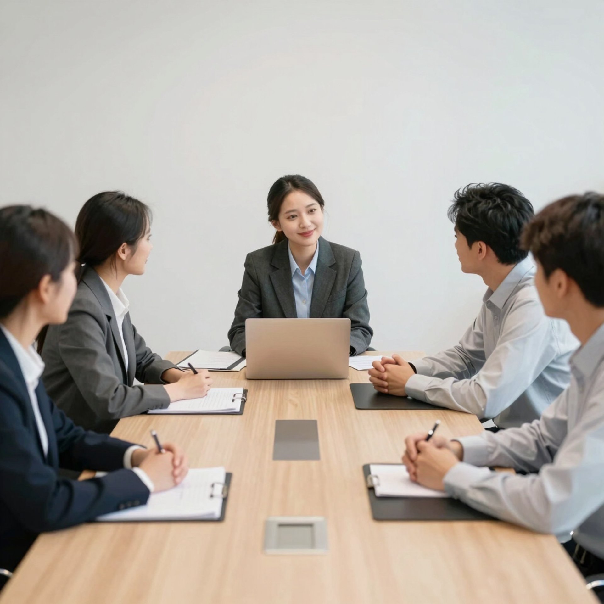 Four entrepreneurs discussing closely in an office