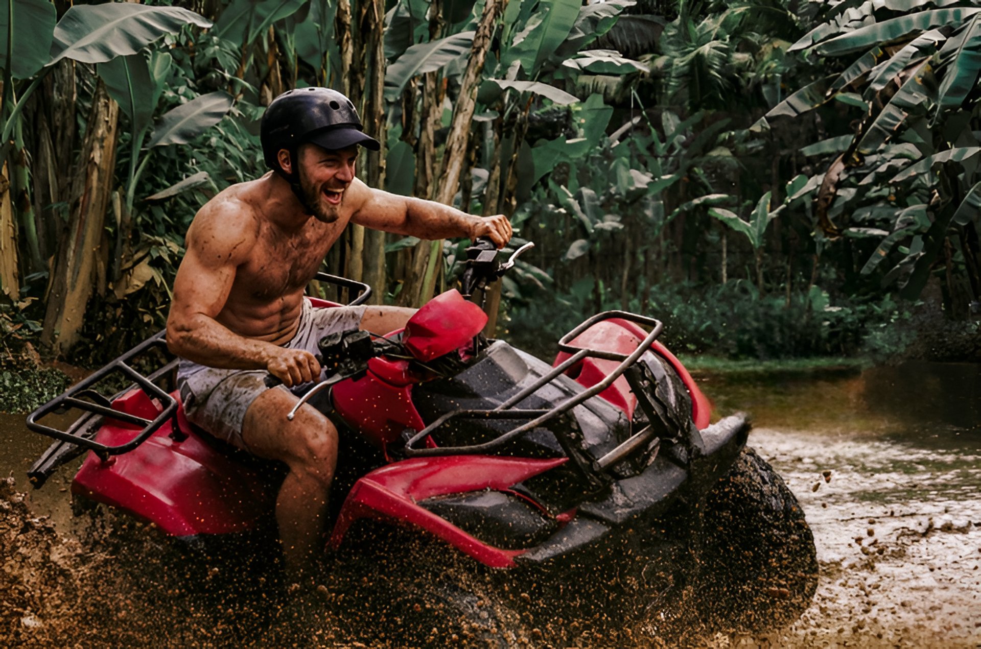 a group of people riding on top of a raft down a river