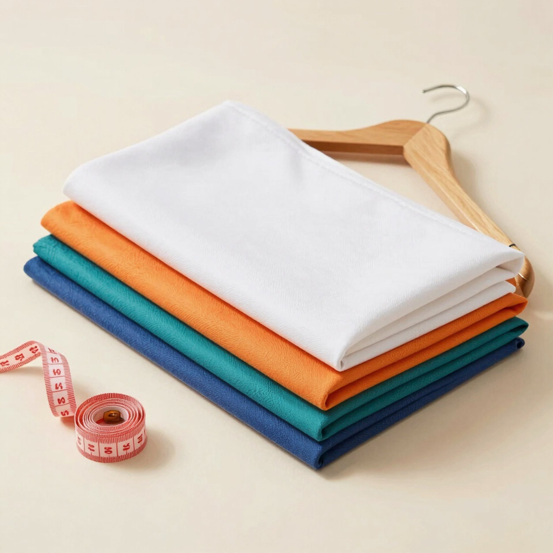 telas de varios colores, con un gancho de ropa atrás y una cinta de medir