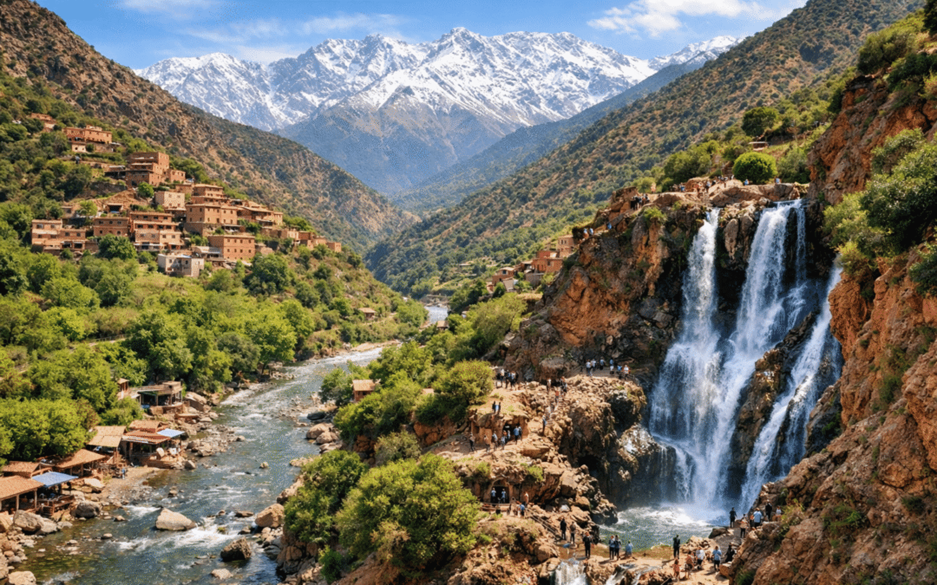 Majestic waterfalls cascade down rocky cliffs surrounded by lush greenery.