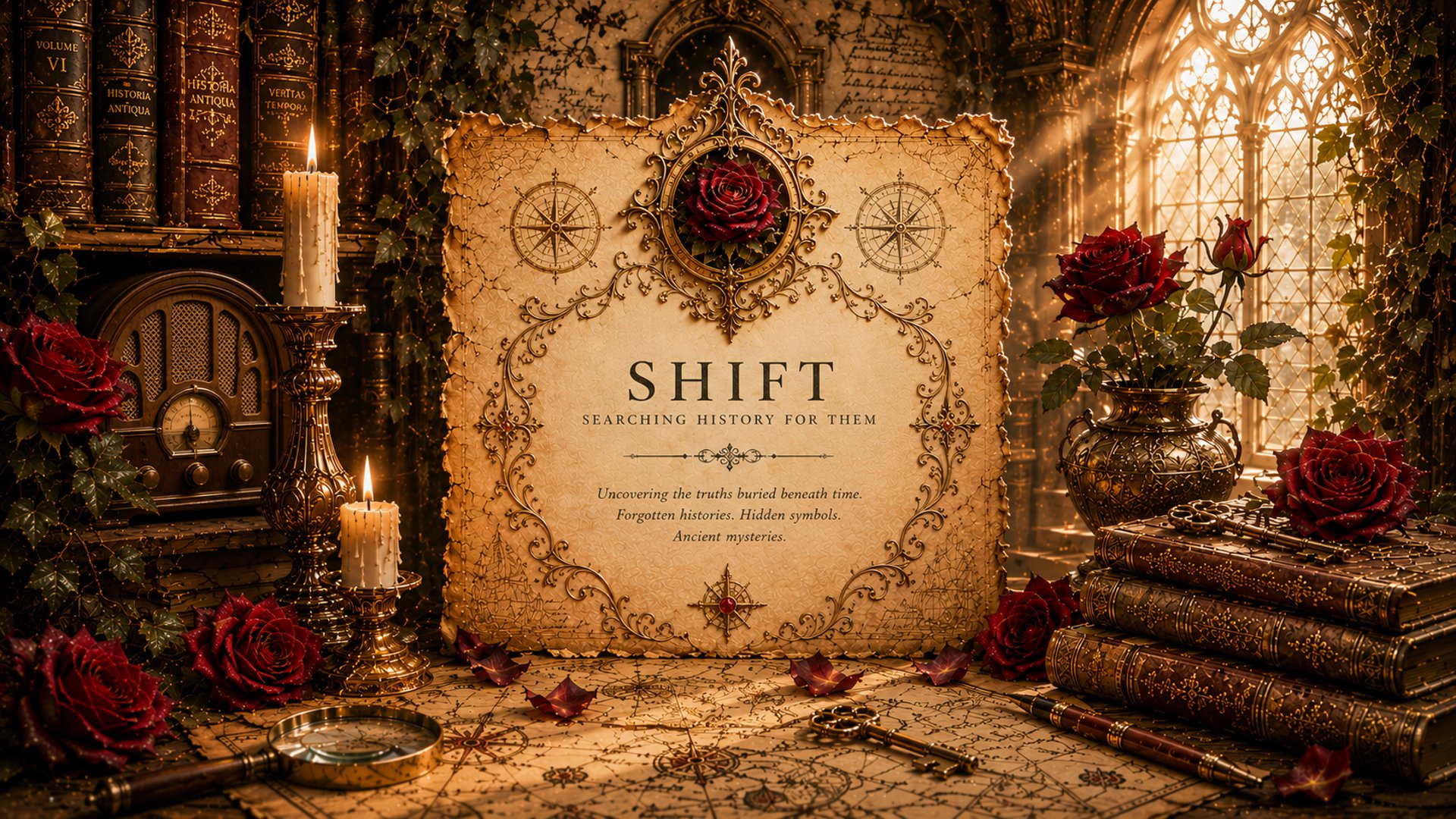 Welcome to SHIFT scene; Searching History For Them; Uncovering Buried Truths; desktop with red roses, keys, and ornate books